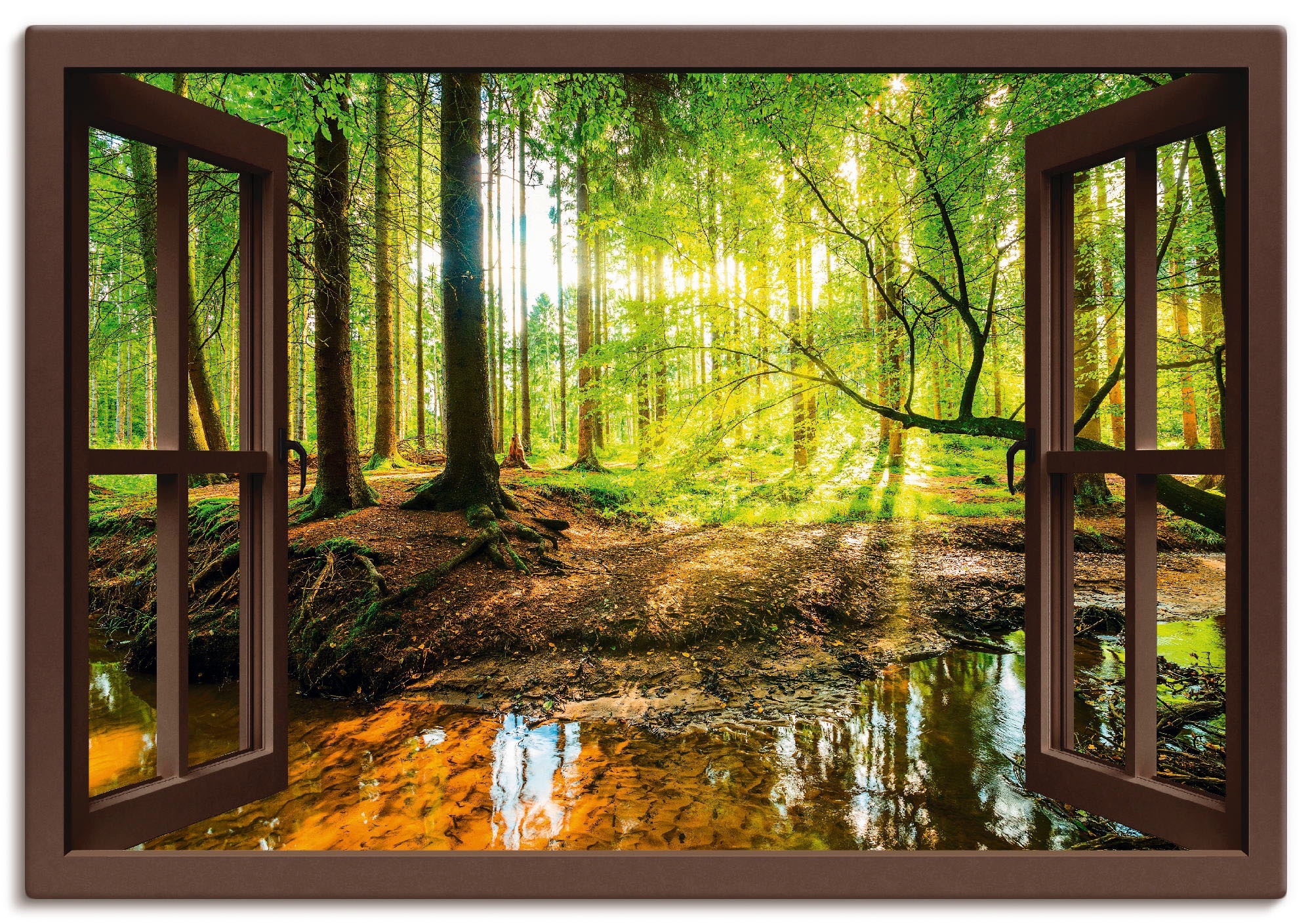 Artland Wandbild »Fensterblick - Grössen Leinwandbild, (1 à Wandaufkleber prix oder St.), Poster Wald mit in als bas Wald, Bach«, versch