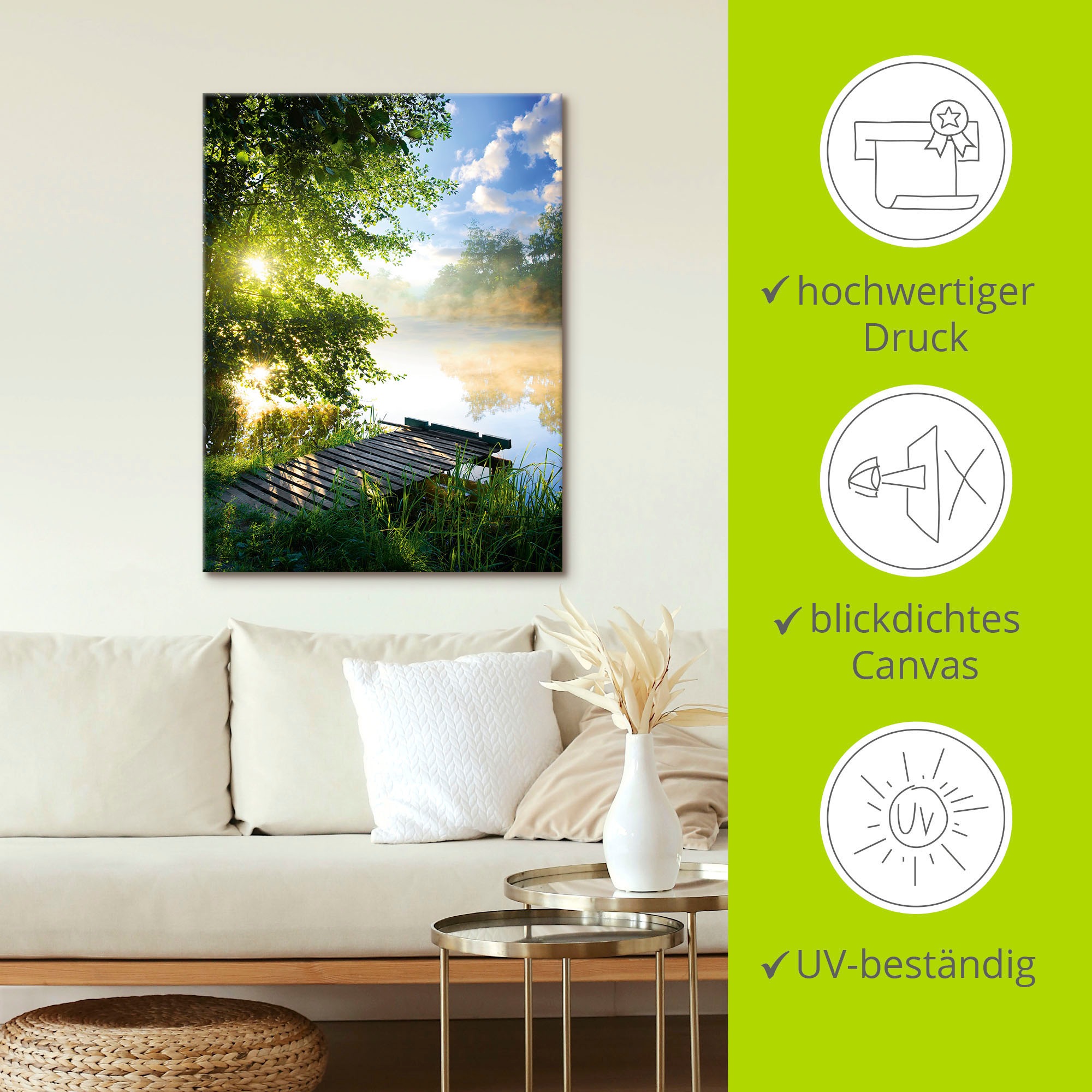 Artland Wandbild »Angelsteg am Morgen«, Gewässer, (1 St.), als Alubild, Outdoorbild, Leinwandbild, Poster, Wandaufkleber
