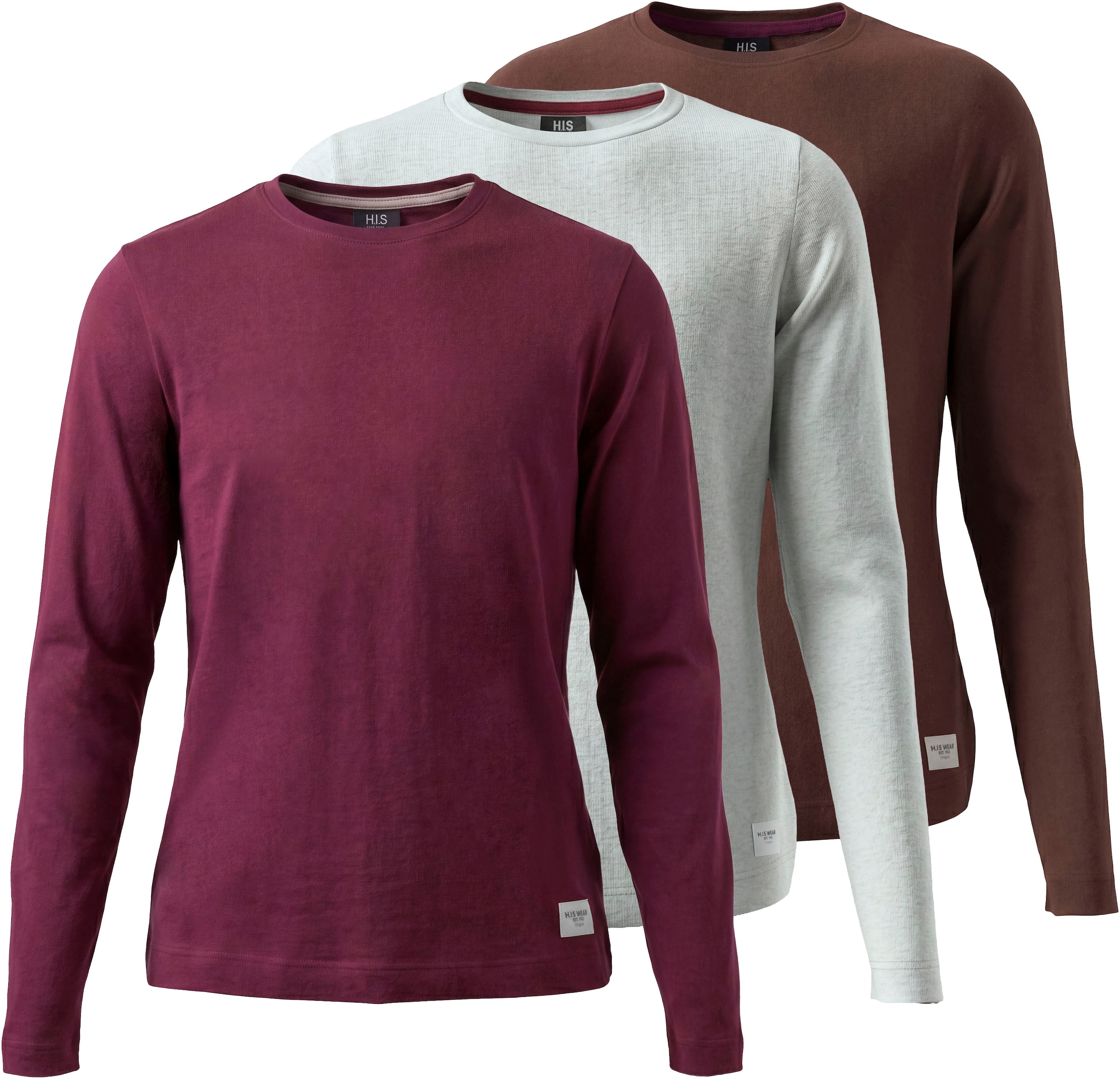 Image of H.I.S Langarmshirt "3er Pack H.I.S Shirts in modischen Farben, Must-Have Basic" Packung, 3, 3 Basic Langarmshirts in Paket, hüftlang, Basic-Passform