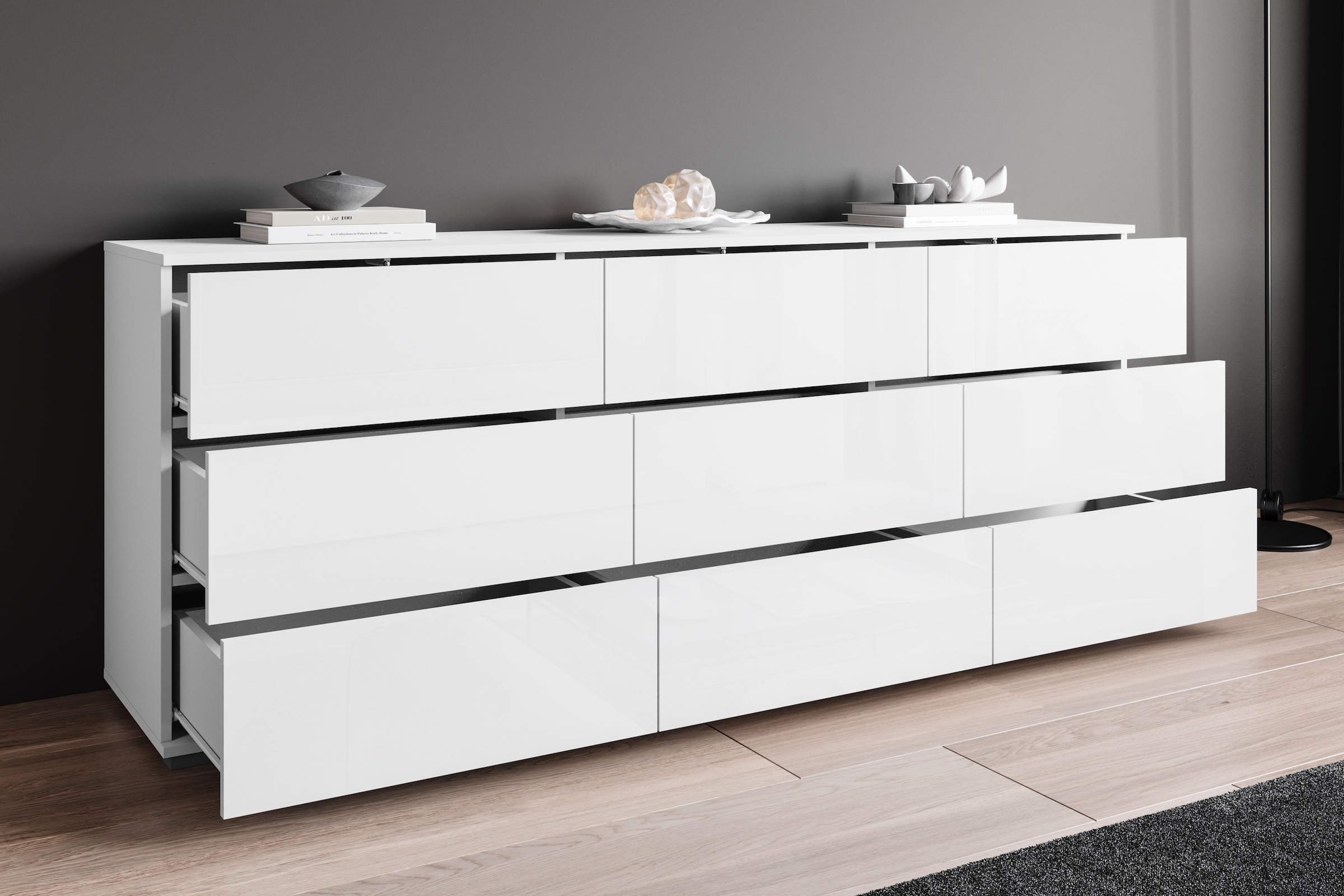 GOODproduct Sideboard »Kenia, Kommode, 180 cm breit, mit 9 Schubladen« 1 Stk. tlg. Push-to-Open-System und grosszügiger Stauraum