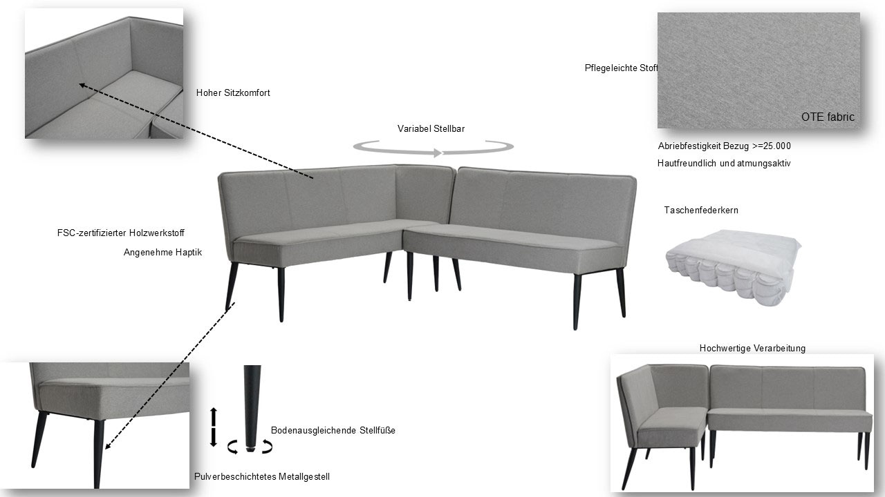 GOODproduct Eckbank »Lenzrose,« Esszimmerbank, Bank,,  mit Taschenfederkern, schwarzes Metallgestell, Breite 202 cm