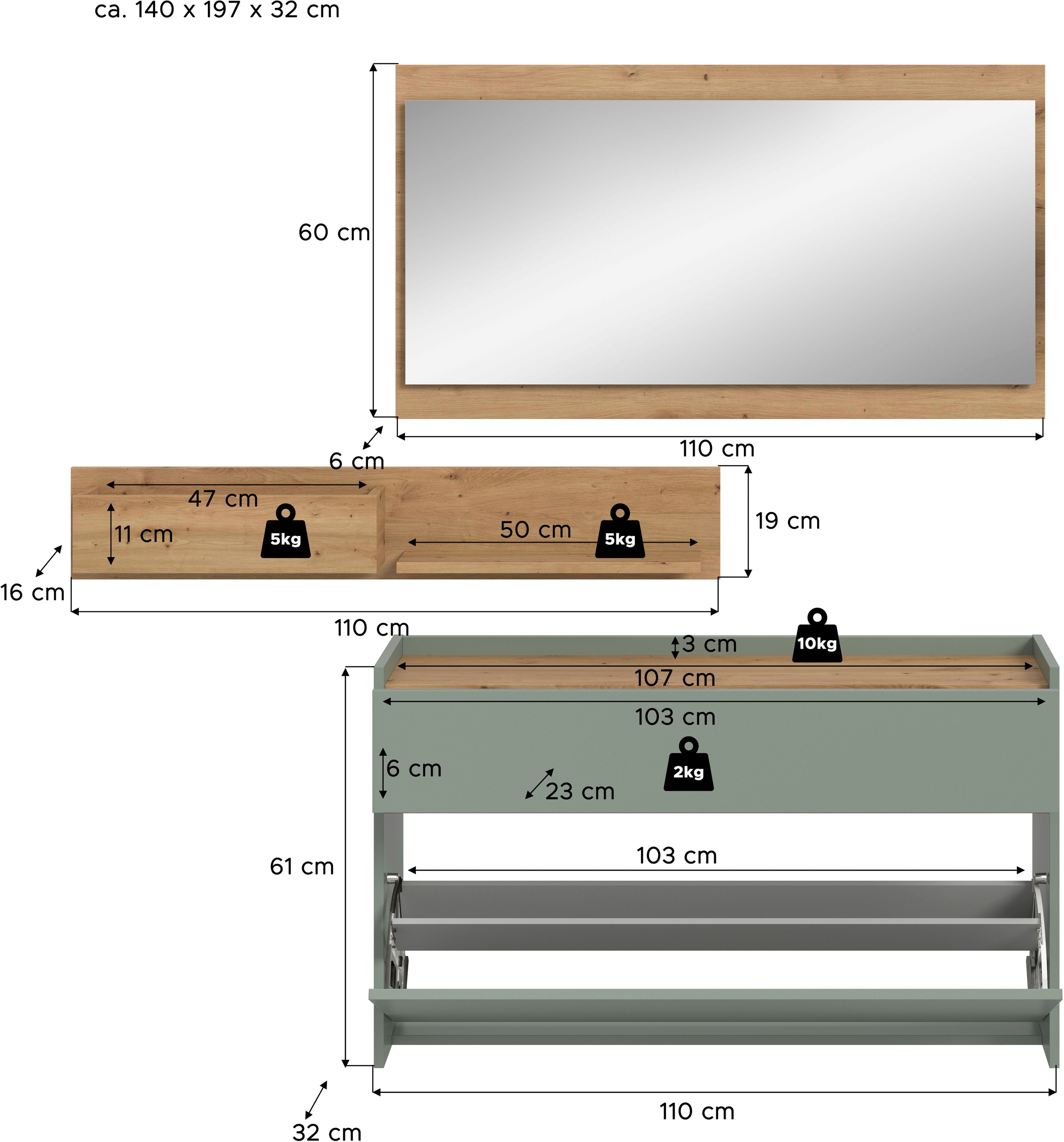 Home affaire Garderoben-Set »EVRID, 3-teilig, Breite 140 cm, individuell hängbar & erweiterbar« best. aus: Kommode, Wandboard & Spiegel, 3 Stk. tlg.