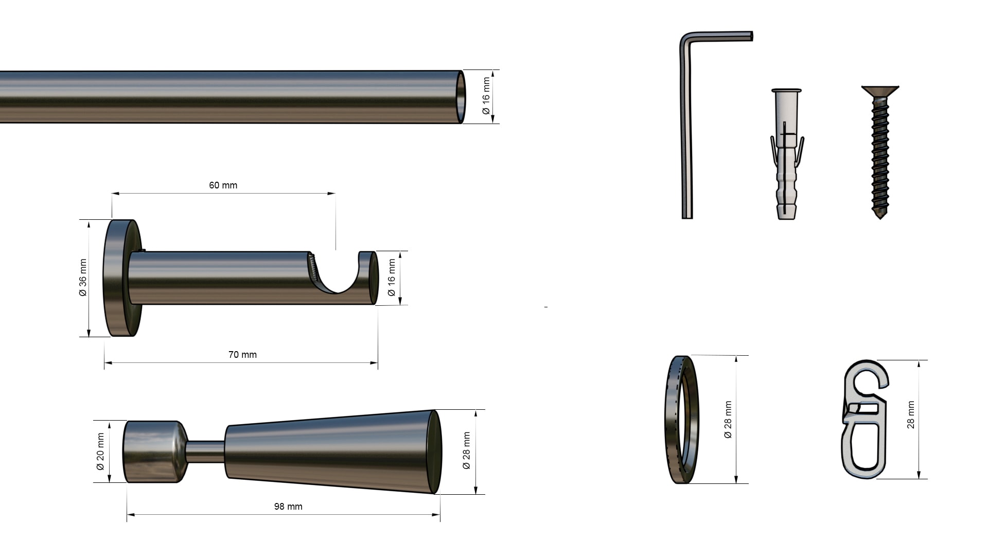 indeko Tringle à rideaux »Genf« Ø 16 mm 1 course-läufig Dimension fixe ensemble complet incluant anneaux et matériel de montage