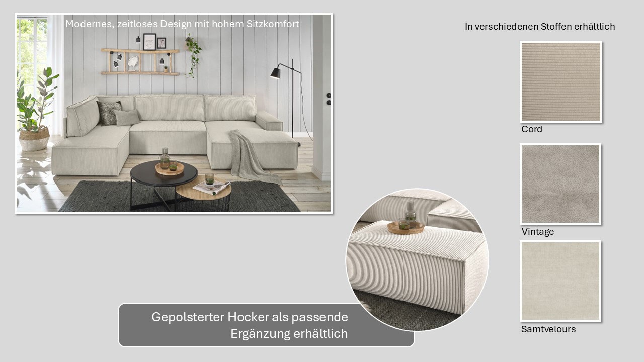 Home affaire Wohnlandschaft »SHERWOOD 329 cm, U-Form, Schlafsofa,«, Schlaffunktion m. Bettkasten (194x139 cm), Cord, Vintage, Samtvelours