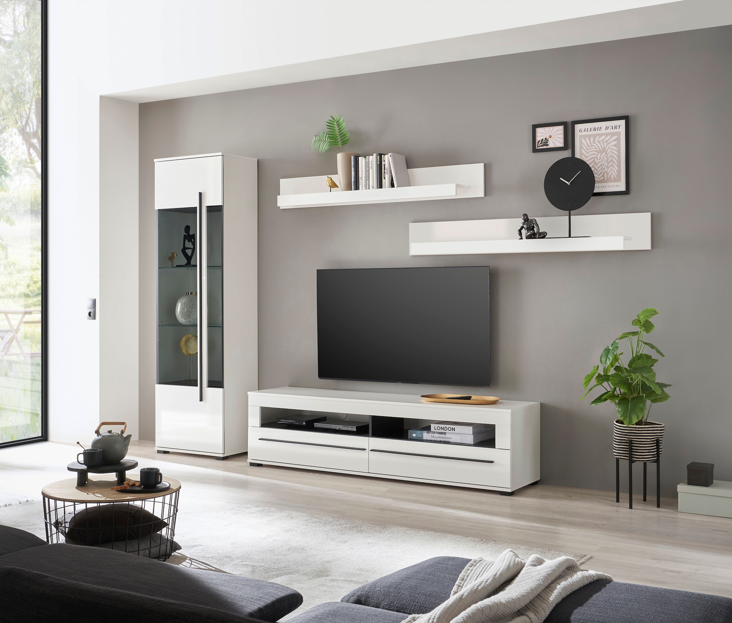 INOSIGN Wohnwand »Cantara, moderne Anbauwand, Wohnzimmer-Set, in Eiche Evoke oder Weiss«, (Set), enthält eine Vitrine, ein Lowboard und zwei Wandboards
