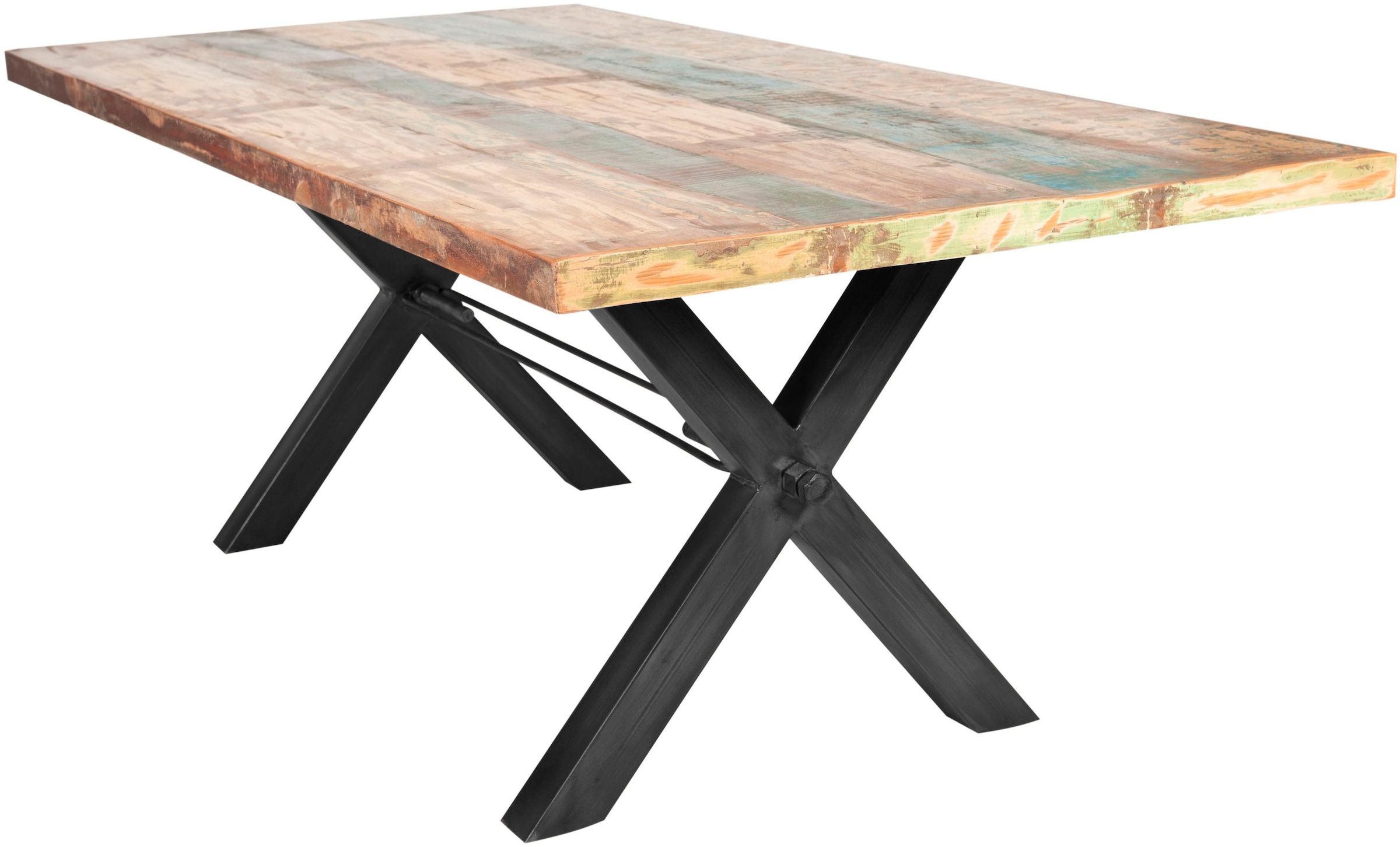 SIT Table de salle à manger »Bari Altholz Esstisch mit X-Gestell aus Eisen & Unikat-Charakter« structure caractéristique en X rencontre bois ancien peint en couleurs vives