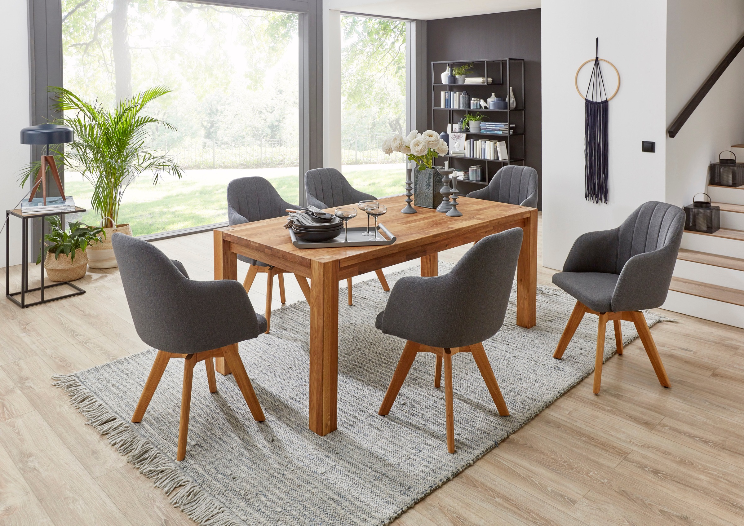 Image of Holzzone Essgruppe »Ben«, (Set, 7 tlg.), Essgruppe, Wildeiche massiv, bestehend aus 6 modern gepolsterten Stuhl-Sesseln und einem 180 cm breiten Tisch bei Ackermann Versand Schweiz