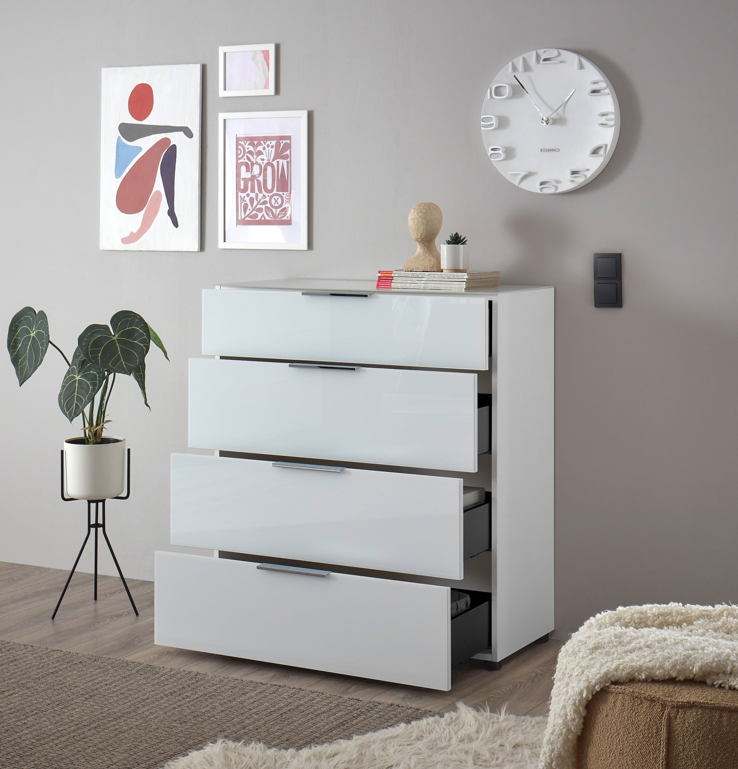 Image of HBZ Kommode "Santorin Mehrzweckschrank mit Schubkästen, BxHxT 90x99x40 cm" 1 Stk. tlg. Mit 4 Schubkästen mit Softclose, Glasfront und Glasoberboden