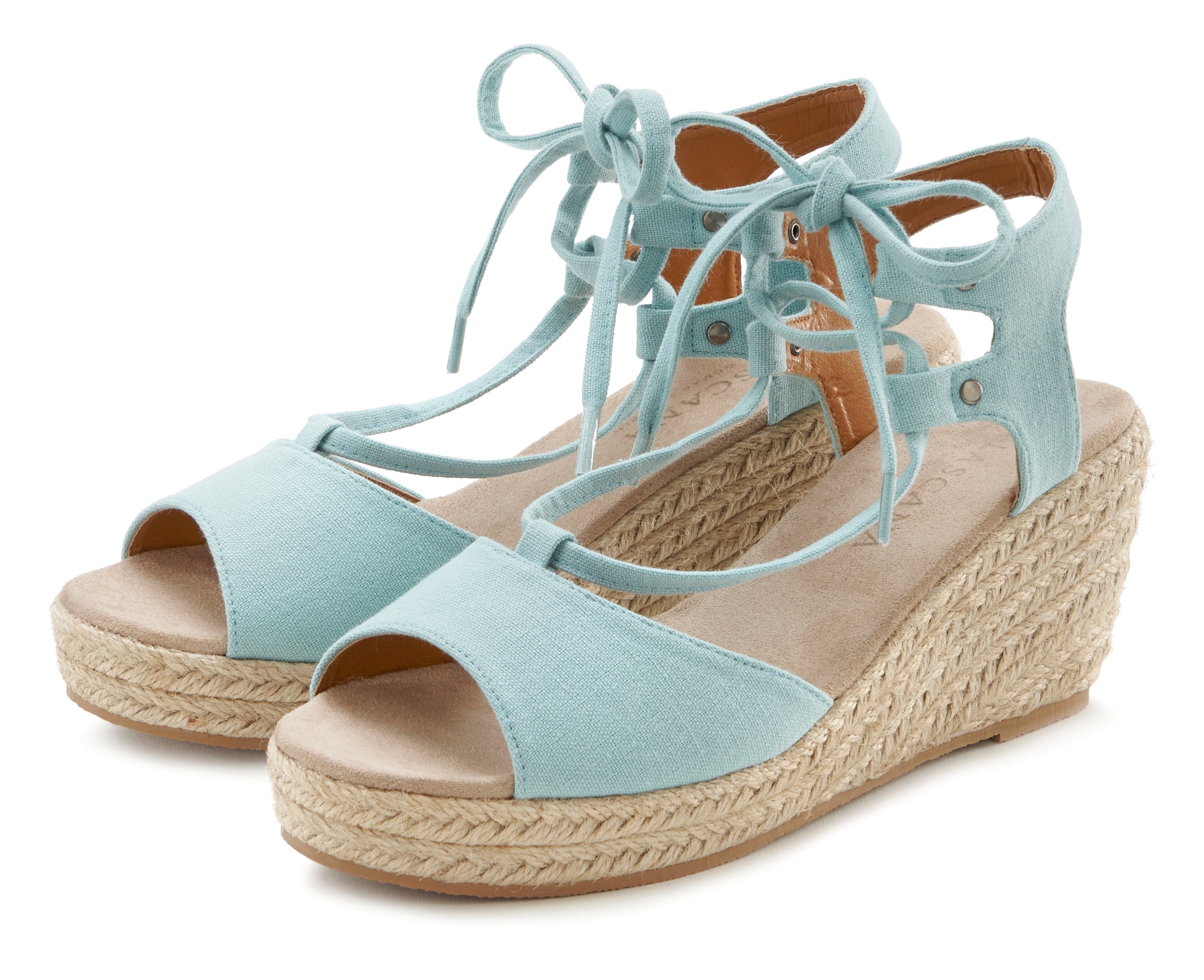 Image of LASCANA Keilsandalette "Sommerschuh, offener Schuh, Sandale, Sandalette," mit Keilabsatz, Bast-Optik & Schnürung VEGAN