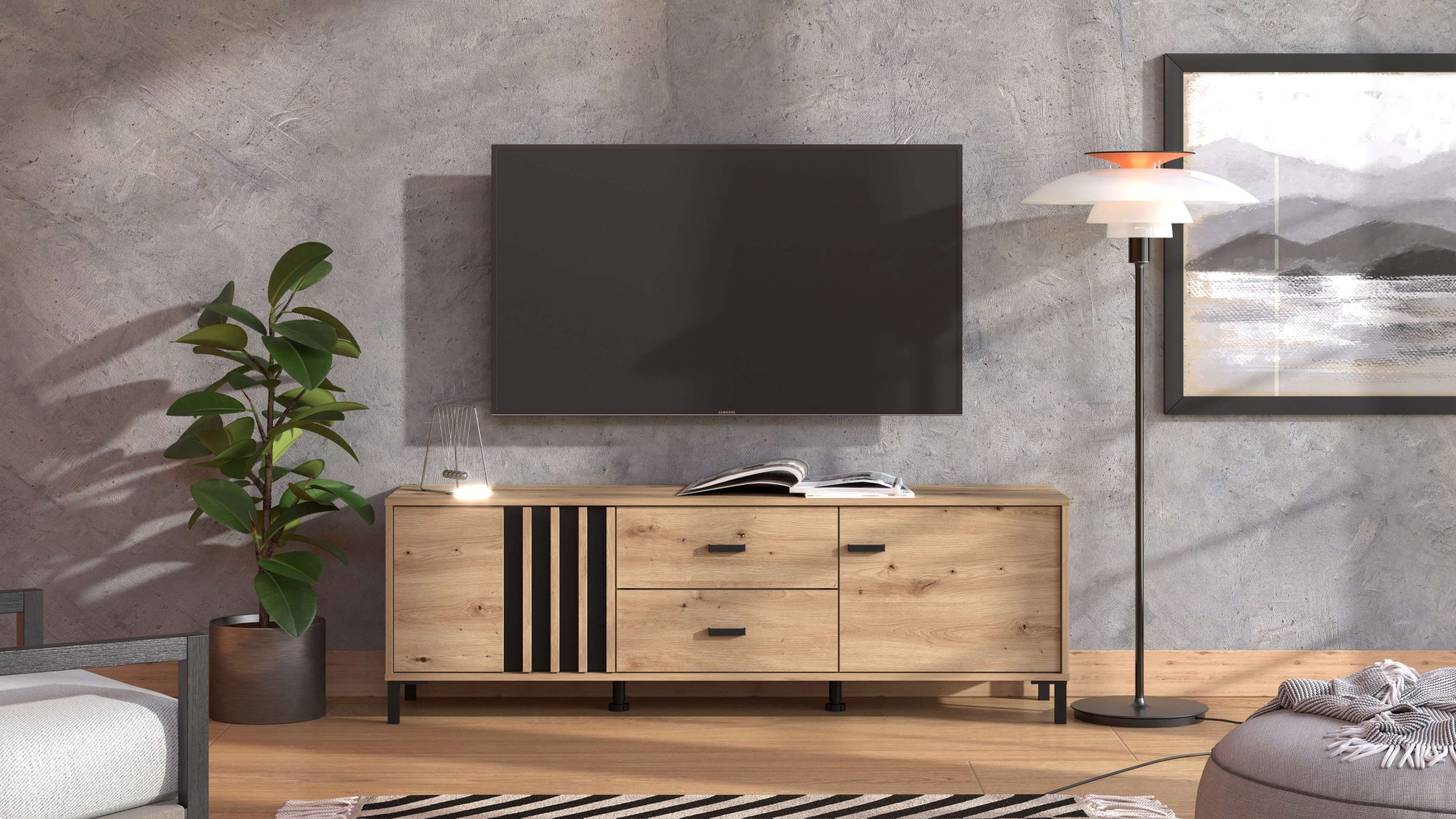 Image of Home affaire Lowboard "LAVAL, TV-Board, TV-Kommode, TV-Schrank, TV-Unterschrank, TV-Möbel" Modernes Lowboard in Artisan-Dekor mit viel Stauraum, Lamellen-Optik