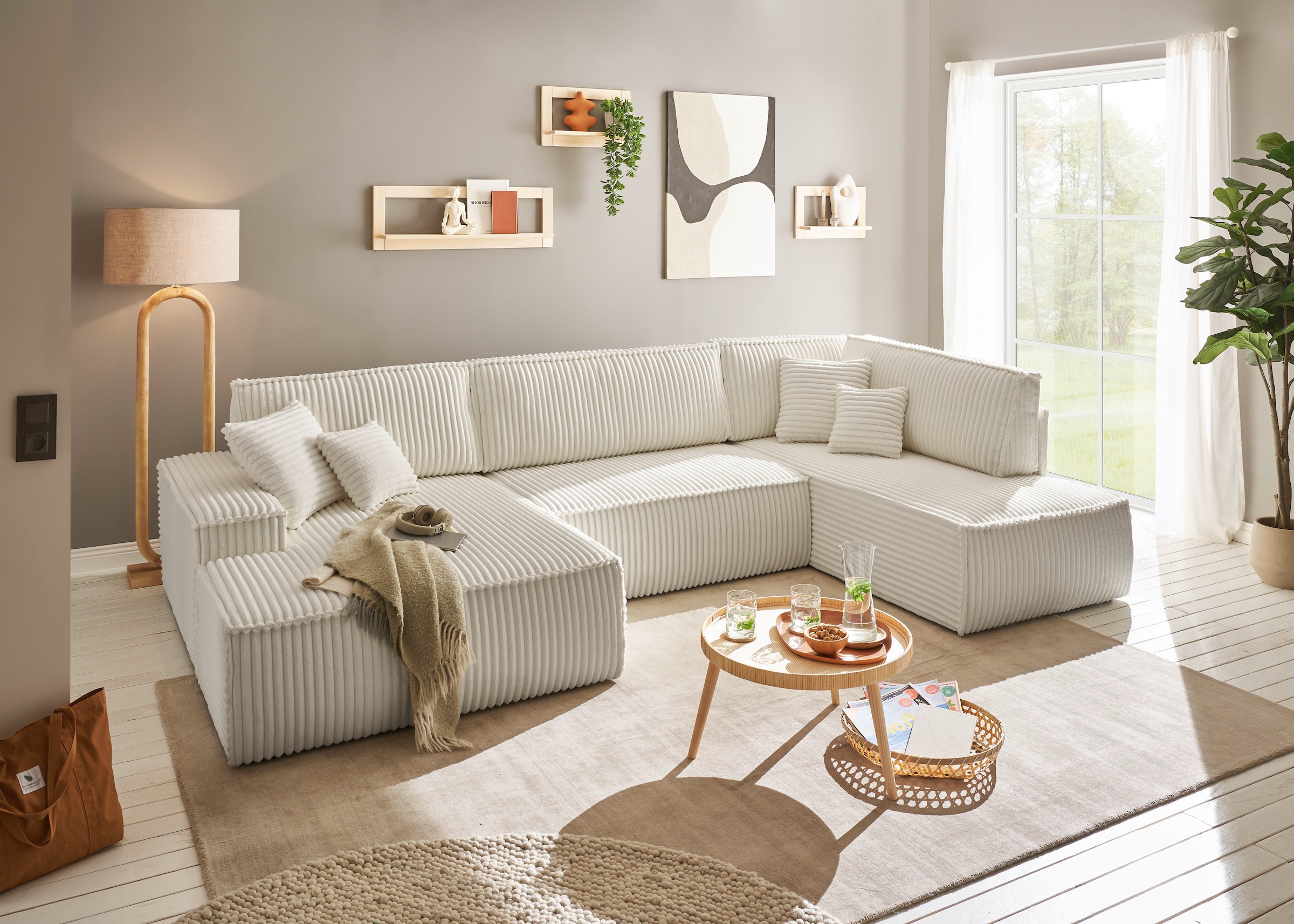 andas Wohnlandschaft »FINNLEY U-Form XXL 329 cm, Schlafsofa, Schlaffunktion m. Bettkasten«, (194/139 cm), Bouclé, Struktur und Cord