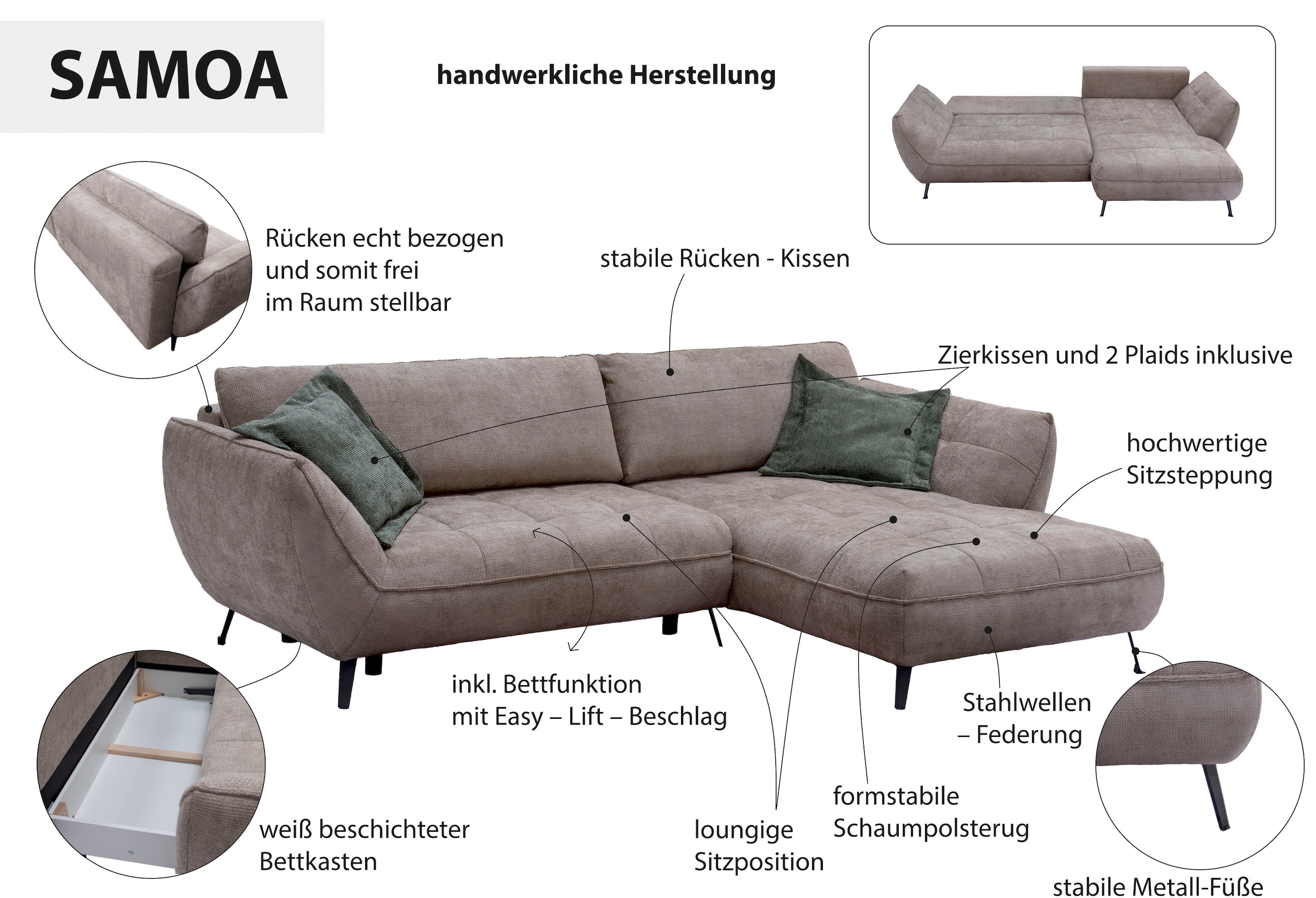 exxpo - sofa fashion Ecksofa »Samoa, bequem und modern, mit Easy-Lift-Bettfunktion, L-Form« Ecksofa Samoa, inkl. Bettfunktion, Bettkasten und Rückenkissen