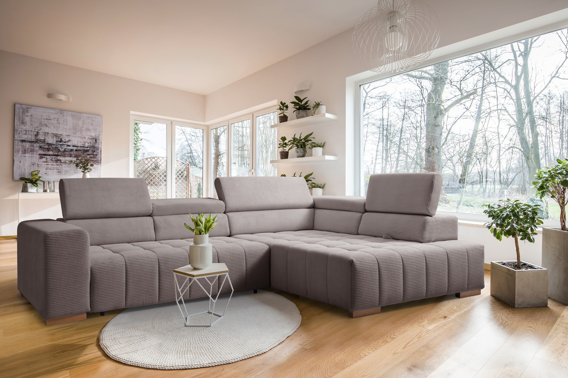 Image of exxpo - sofa fashion Ecksofa "Elianos, hoher Sitzkomfort, aufwendige Kreuzsteppung im Sitz, L-Form" Kopfteile & Sitztiefe verstellbar, mit Bettfunktion, Cord, cappuccino