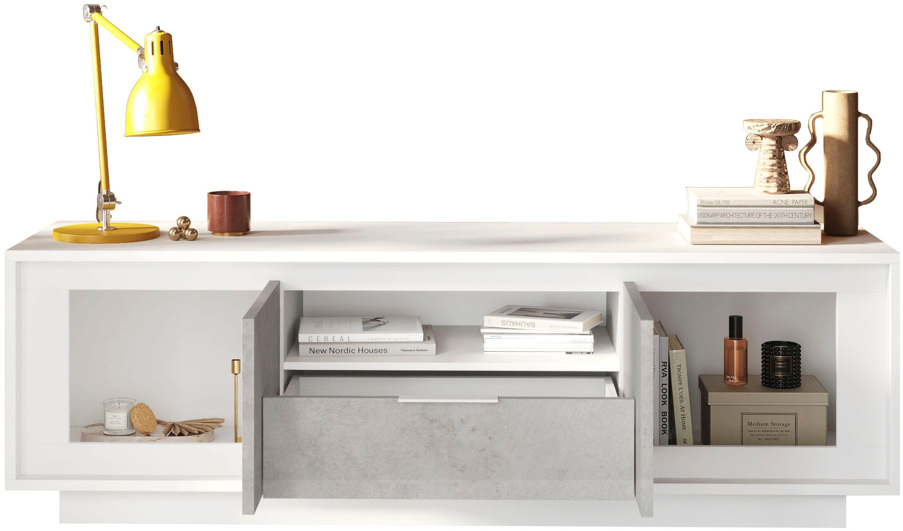 Home affaire Table basse »Sky, B/T 180/50 cm, TV-Schrank/Medienboard, 2 Türen, 1 Schubkasten« fermeture douce, corps et façade épais de 22 mm, aspect cadre, poignée métal