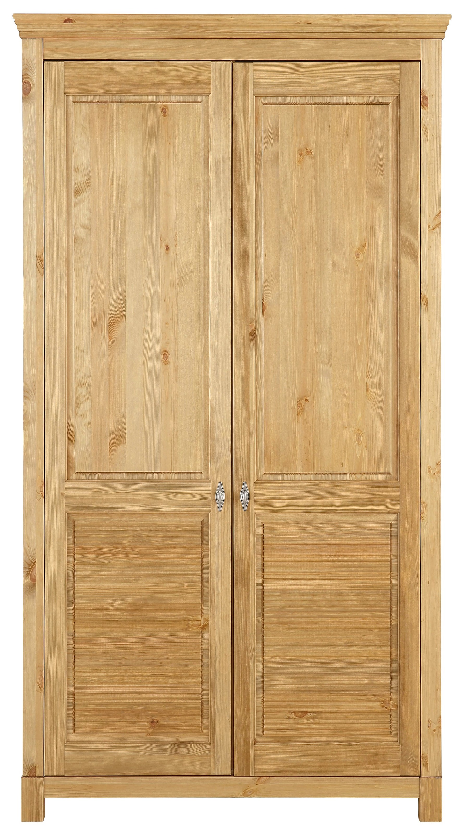 Home affaire Kleiderschrank »Rauna, mit Lamellen und Kassetten, klassischer Landhausstil, rustikal«, (2 Breiten: 113/159 cm H/T ca. 195/60 cm), massive Kiefer, Metallgriffe, mehrere Varianten, zeitloses Design