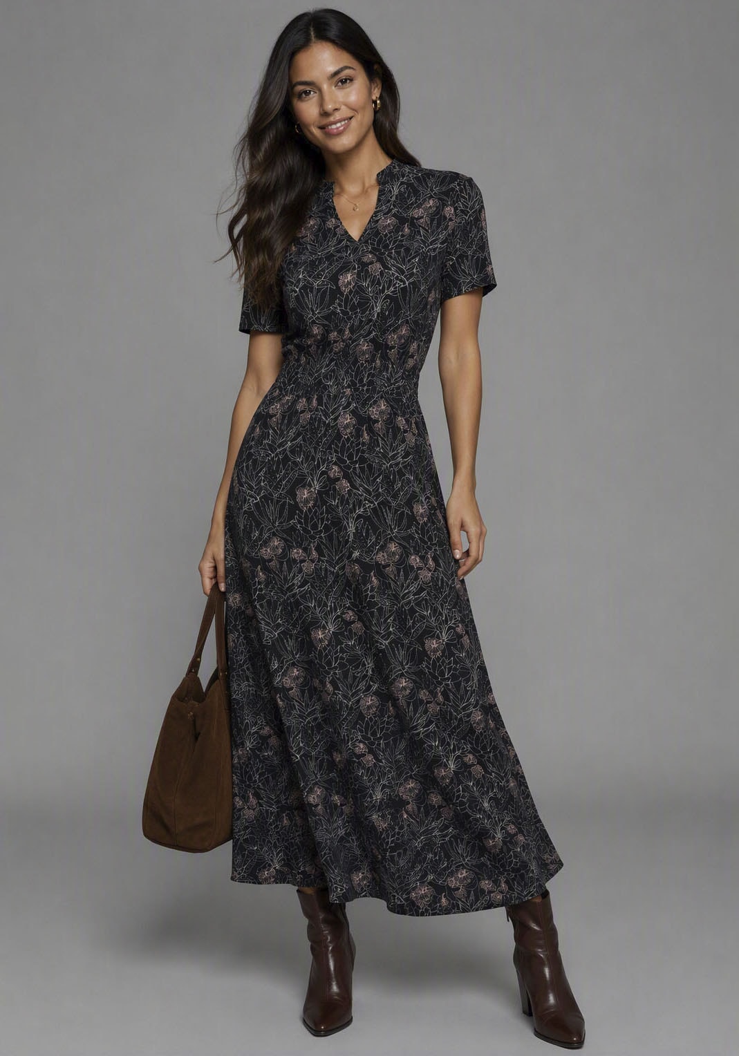 Image of Laura Scott Jerseykleid wadenlang, geblümtes Design, aus Single Jersey, mit Stehkragen