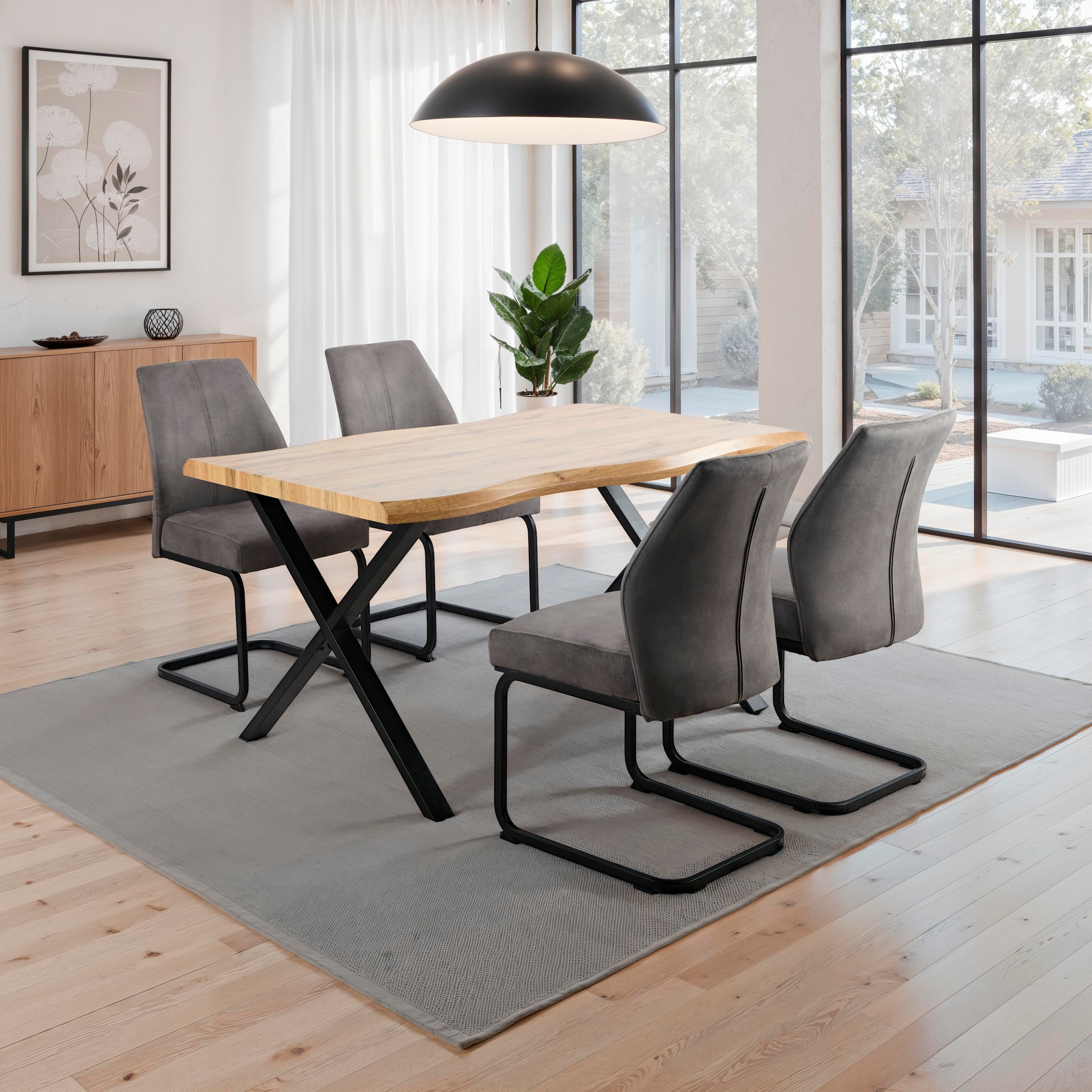 Image of HELA Essgruppe "ILLER Tisch 140x90 cm" Set, 5 tlg. 5tlg., Baumkante 46mm, X-Gestell, Schwingstuhl, Federkorb