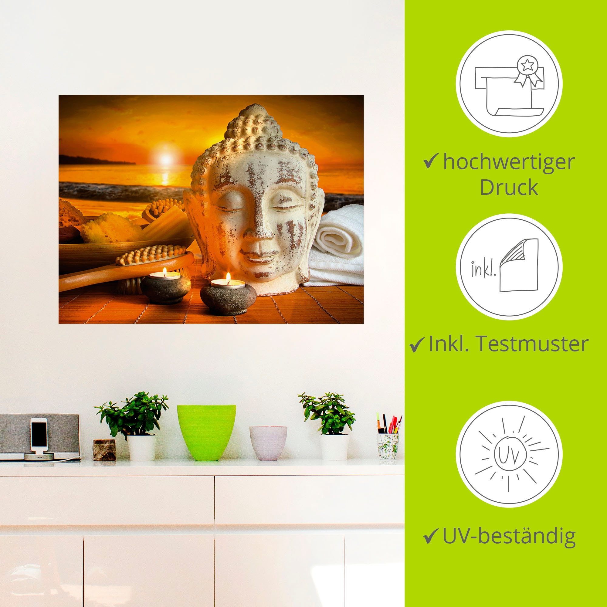 Artland Wandbild »Bad-Zubehör mit Buddha-Statue«, Religion, (1 St.), als Alubild, Outdoorbild, Leinwandbild, Wandaufkleber, versch. Grössen