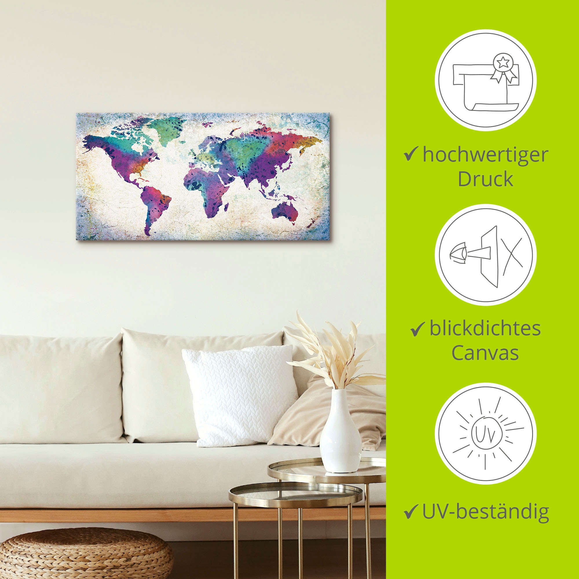 Artland Wandbild »bunte Weltkarte«, Land- & Weltkarten, (1 St.), als Alubild, Outdoorbild, Leinwandbild, Poster, Wandaufkleber
