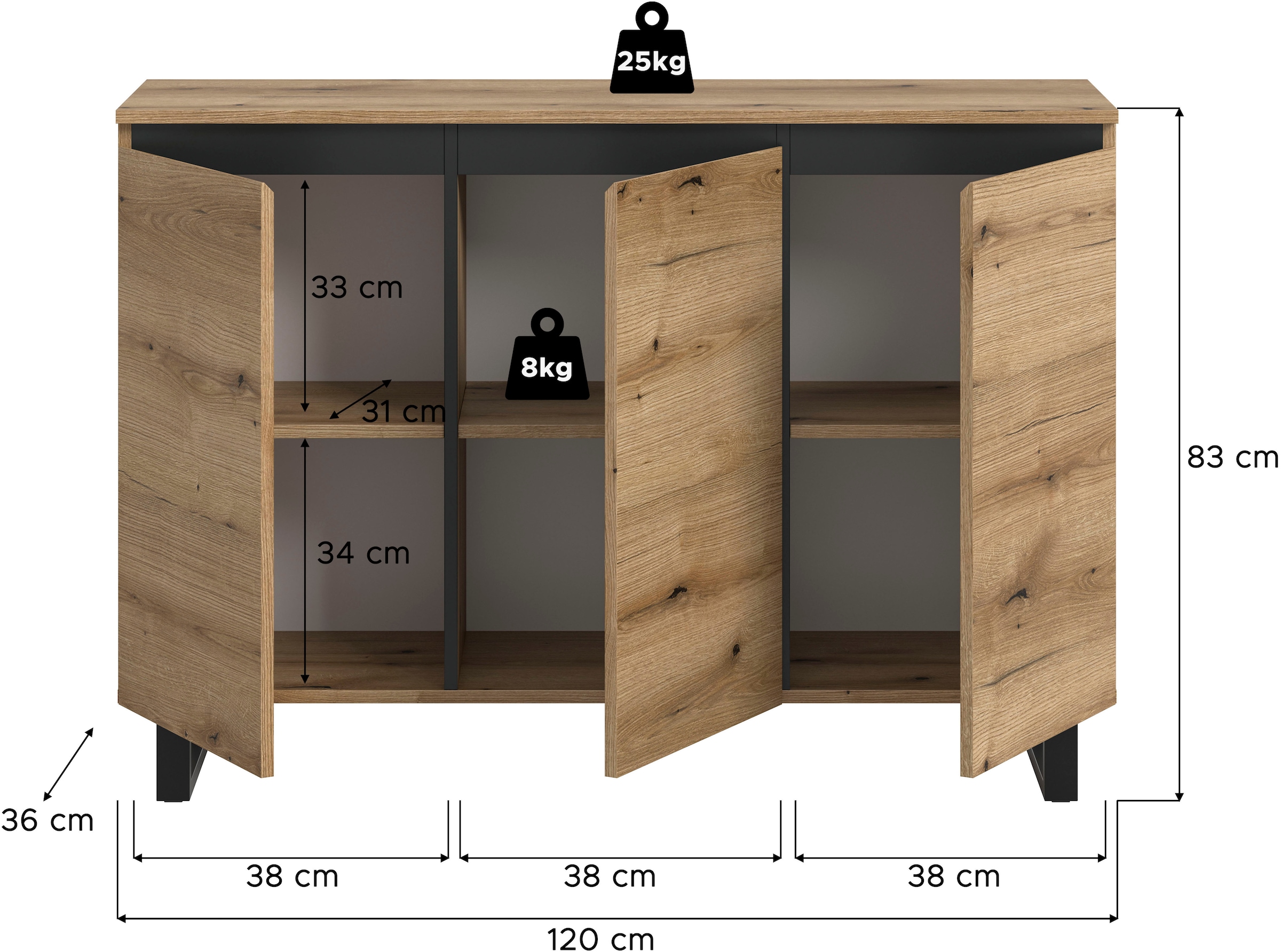 Home affaire Sideboard »TOMA, Breite: 120 cm, mit Metall-Kufen-Fuss, 3 Türen, 3 Einlegeböden« Anrichte, Kommode, Schrank, Board, Higboard