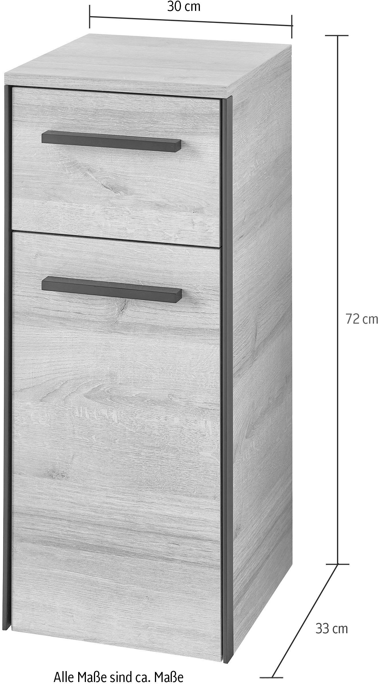 Saphir Armoire basse »Quickset 395 Badschrank, 1 Tür, 1 Schublade, 30cm breit, Griff Schwarz« meubles de salle de bain incl. amortisseurs de porte, imitation chêne Riviera horizontal