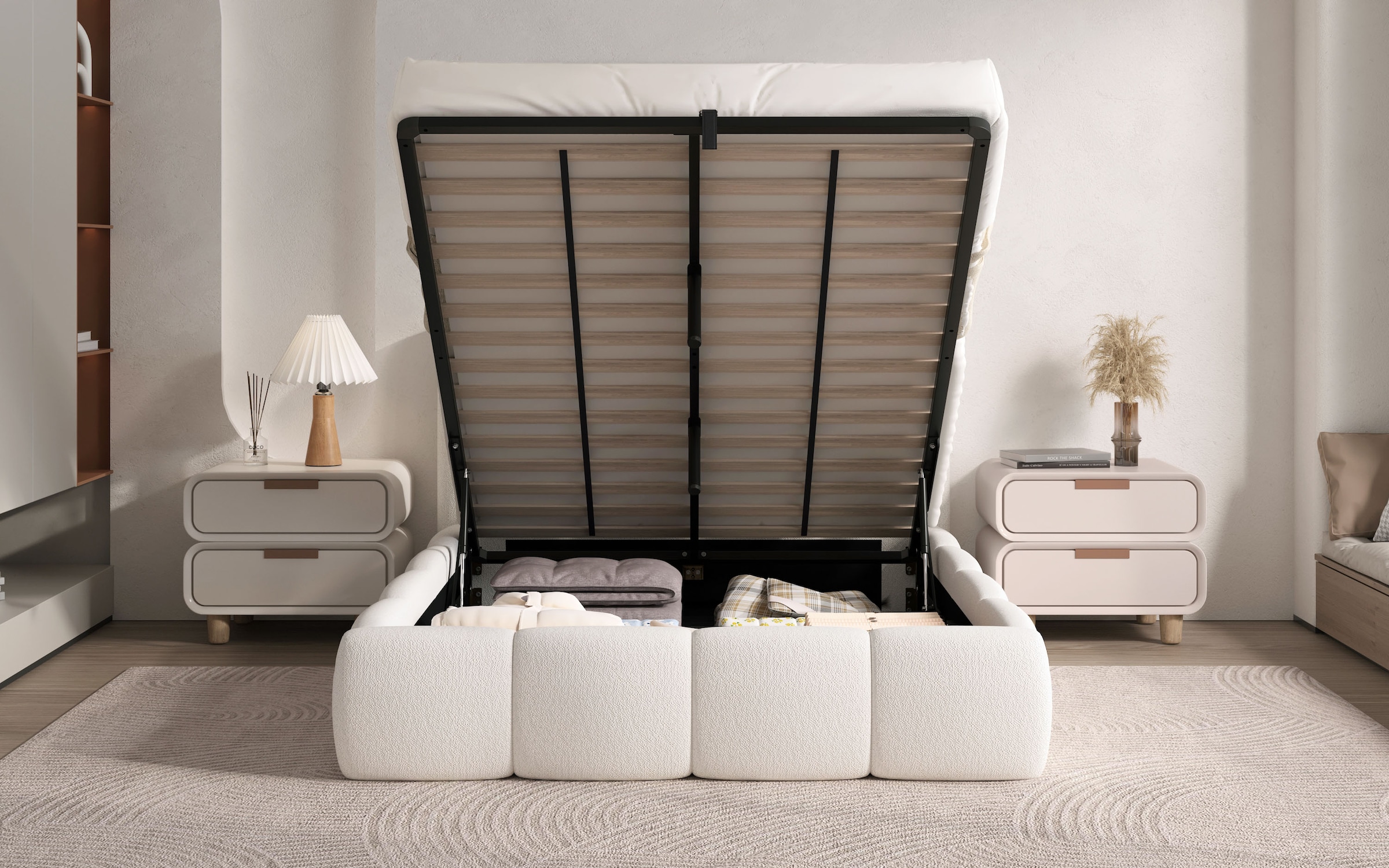 GOODproduct Lit rembourré »MERLINDA, Stauraumbett mit Lattenrost und Bettkasten, Chenille-Bezug« tête de lit et cadre fortement rembourrés, surface de couchage 140x200 / 180x200 cm