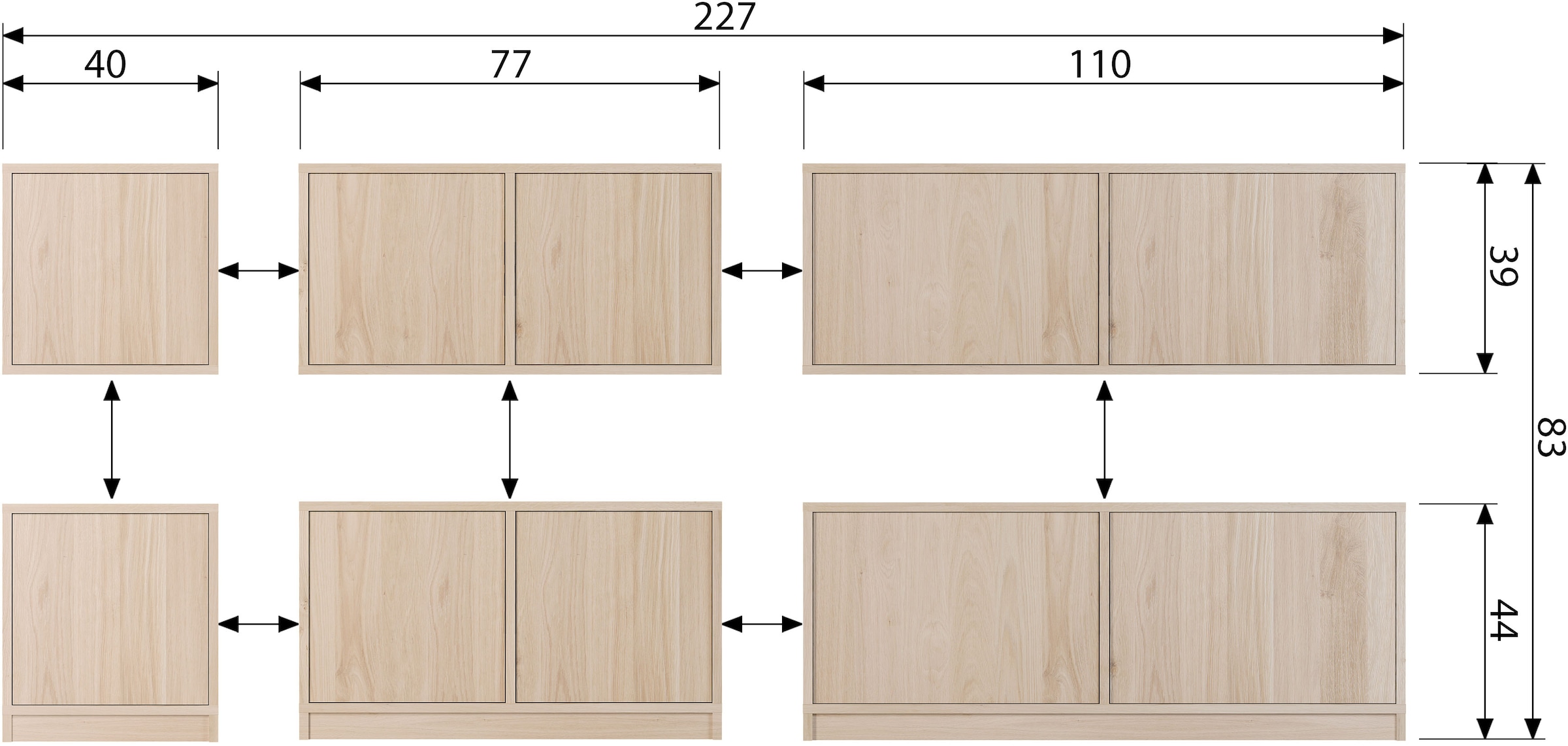 WOOOD Sideboard »Modulair mit Druckmechanismus und Eichenfurnier B 77 x T 40 x H 44 cm« Tragkraft 15 kg pro Einlegeboden, einfach zu montieren