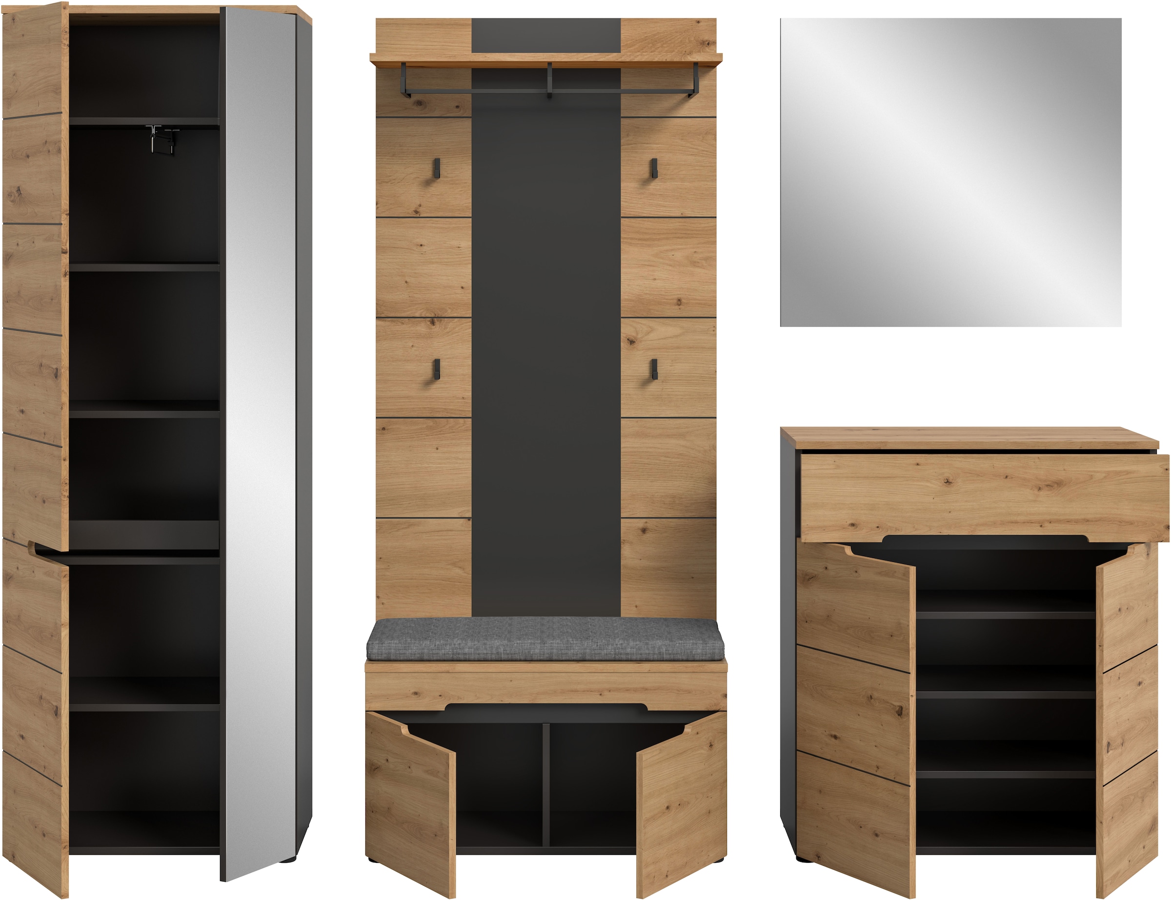 INOSIGN Garderoben-Set »REHAT, TOPSELLER!, 5-teilig, Breite 255 cm, individuell erweiterbar« Set, bestehend aus: Schrank, Sitzbank, Sitzkissen, Paneel, Spiegel, Kommode, 6 Stk. tlg.