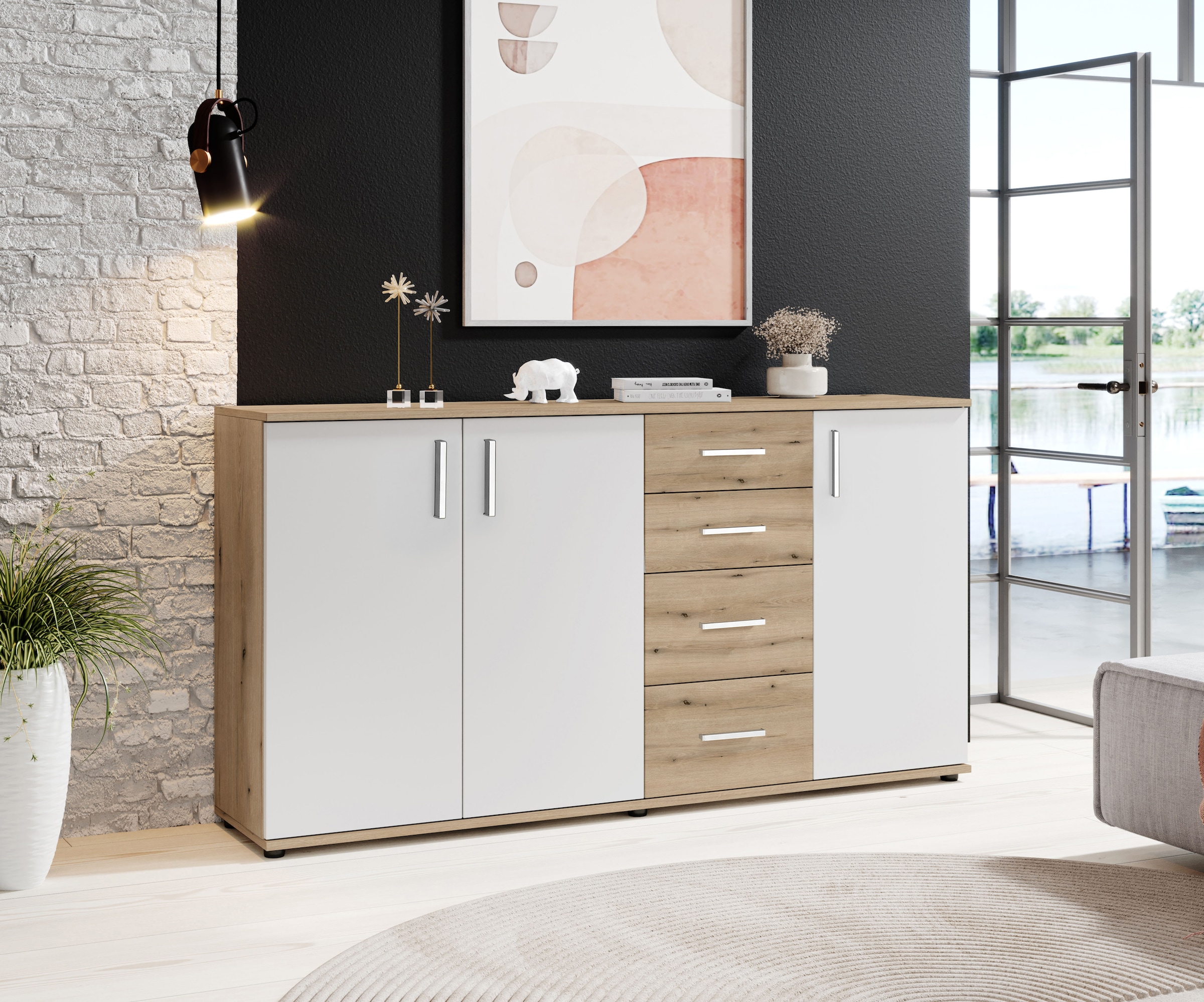 Image of HBZ Kommode "BC-Drift-2, Sideboard Stellmass BxHxT 160x84x35 cm" 1 Stk. tlg. Sideboard mit 3 Türen und 4 Schubkästen, 2 Einlegeböden
