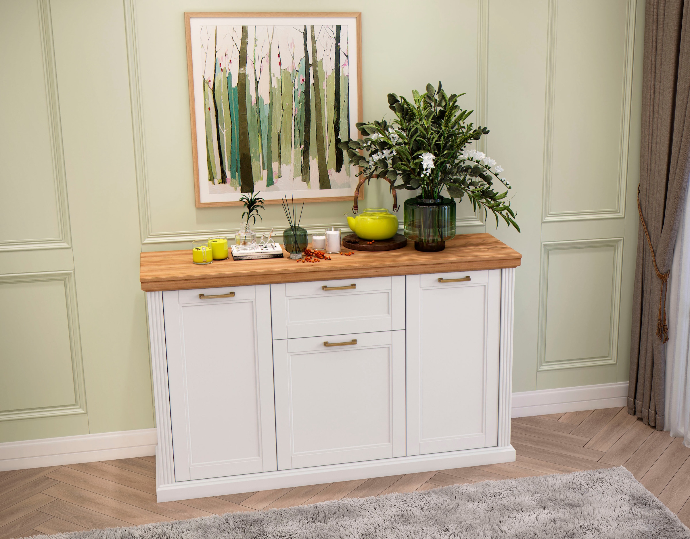 GOODproduct Commode combinée »Tara, im klassischen Landhausstil, FSC-zertifiziert, in 2 Grössen« Fonction Soft-Close, poignées métalliques dorées, décor intérieur imitation bois,  laqué avec un vernis UV à base d'eau, résistant et anti-rayures
