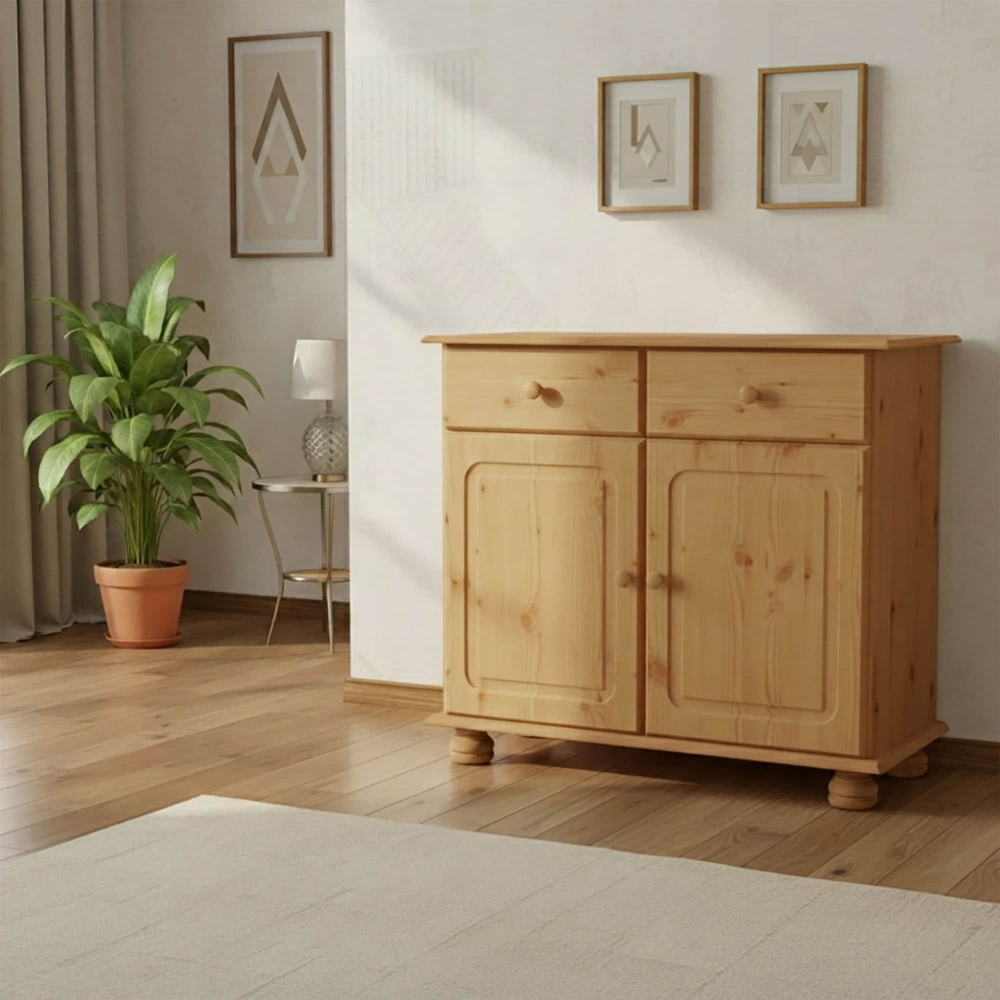GOODproduct Sideboard »Mette Kommode mit 2 Türen, 1 Schublade - optisch zweiteilig & 2 Fächer« Kommode in Natur mit gefrästen, kugelförmigen Füssen, Breite 80 cm