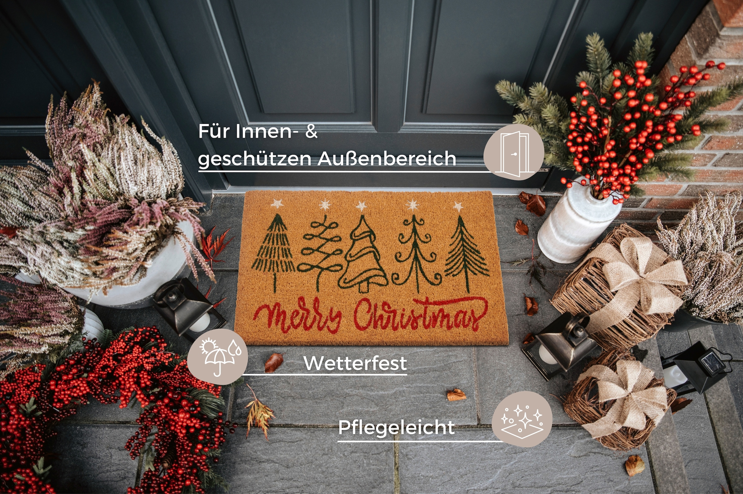 HANSE Home Fussmatte »Kokos Five Christmas Trees, Türmatte«, rechteckig, 15 mm Höhe, Schmutzfangmatte, Rutschfest, Outdoor, Weihnachten, Kokosmatte, Flur