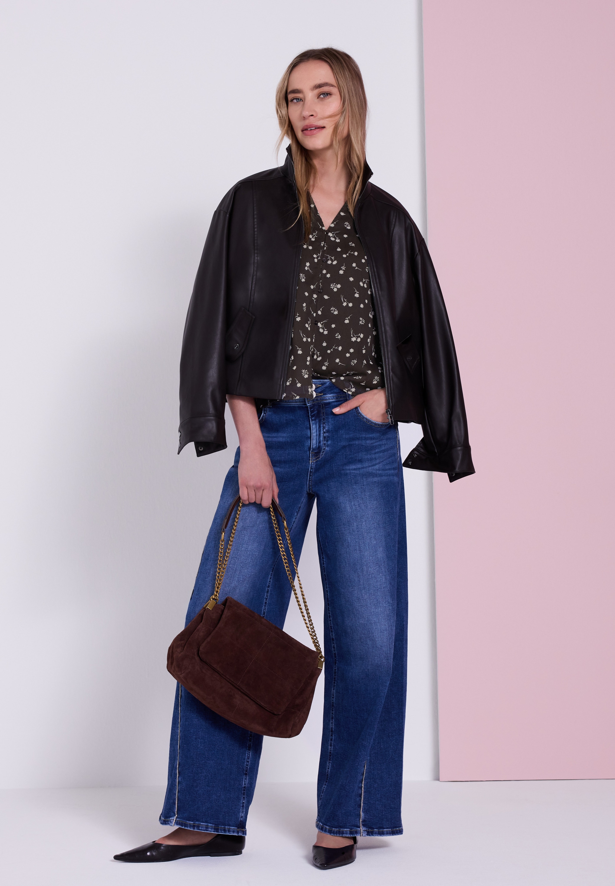 STREET ONE Langarmbluse Tunika-Chiffon-Bluse mit Split Neck im Karo-Look / Rüschendetails