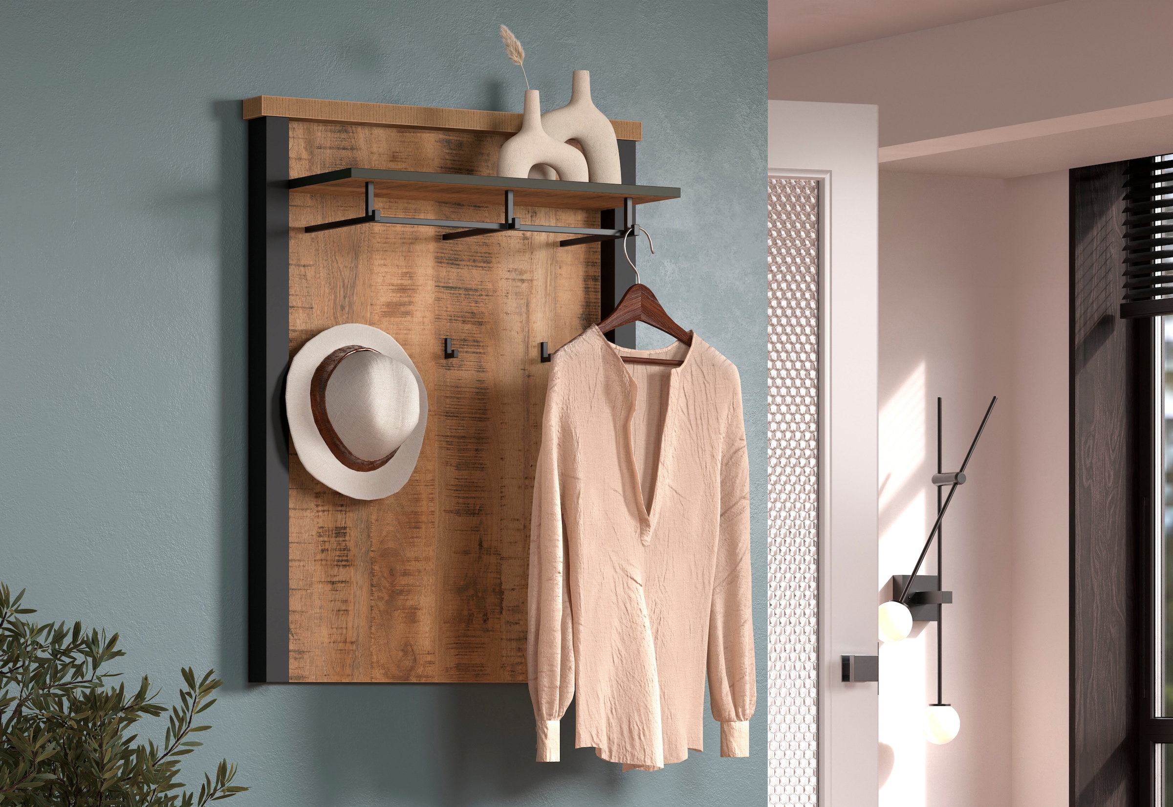 Home affaire Garderobenpaneel »Elda«, (1 St.), Wandpaneel mit Ablage, 1 Kleiderstange, 3 Haken – (B/T/H) 73/27/95 cm