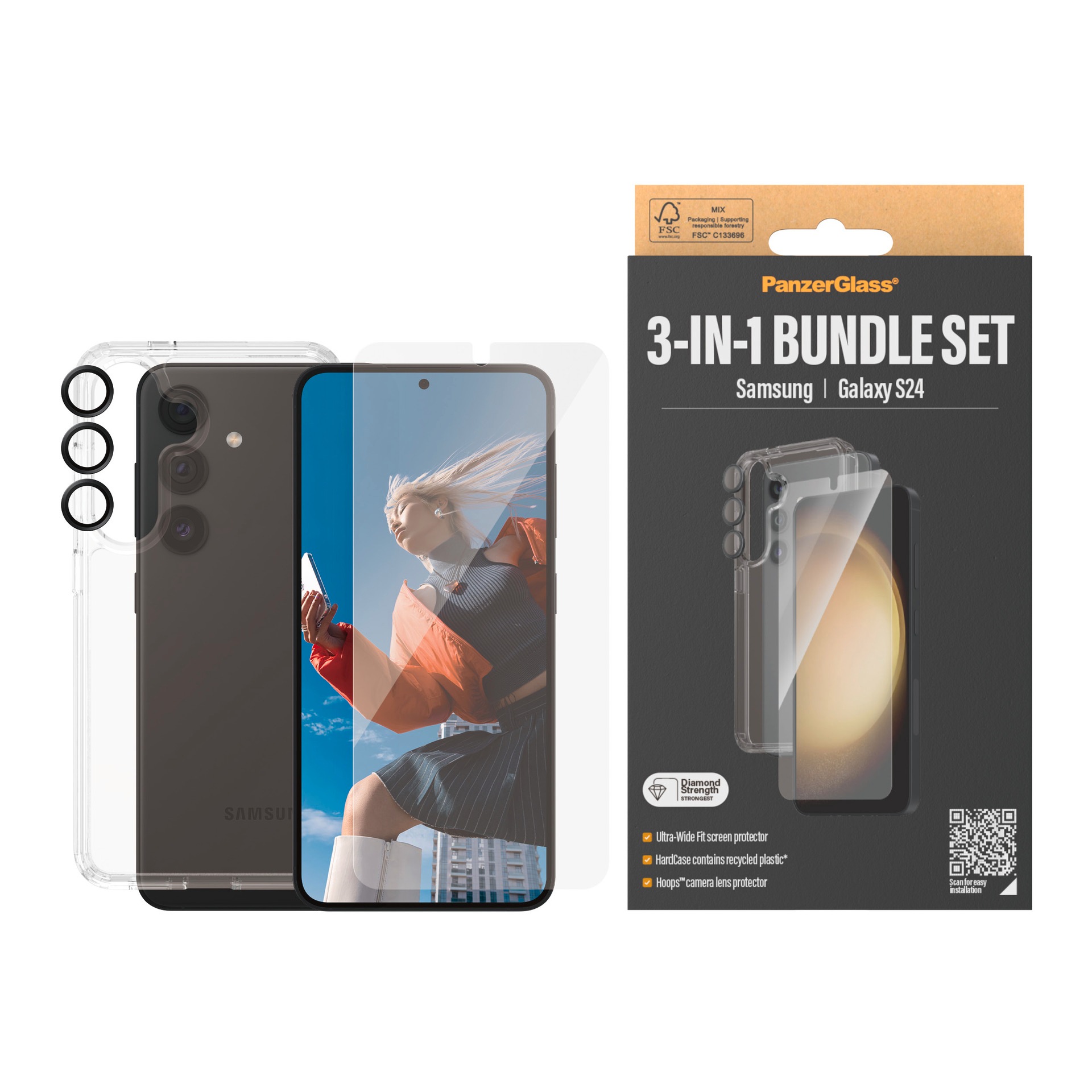 PanzerGlass Displayschutzglas »3-in-1 Bundle Set Screen Protector, HardCase, Hoops«, für Samsung Galaxy S24, Displayschutzfolie, Schutzfolie, Bildschirmschutz, kratz- & stossfest