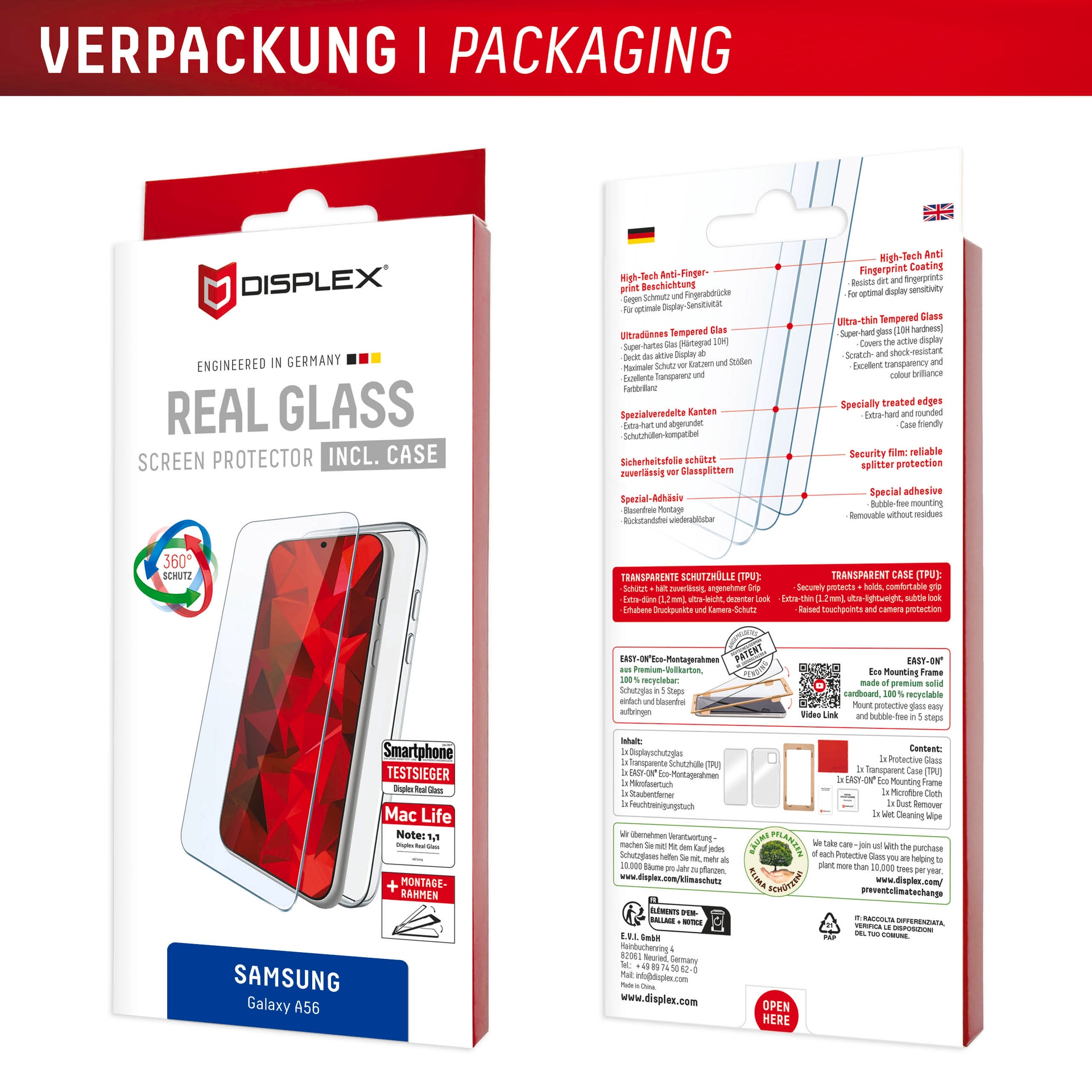 Displex Displayschutzglas »Real Glass Screen Protector inkl. Case«, für Samsung Galaxy A56 5G, Displayschutzfolie, Schutzfolie, Bildschirmschutz, kratz- & stossfest