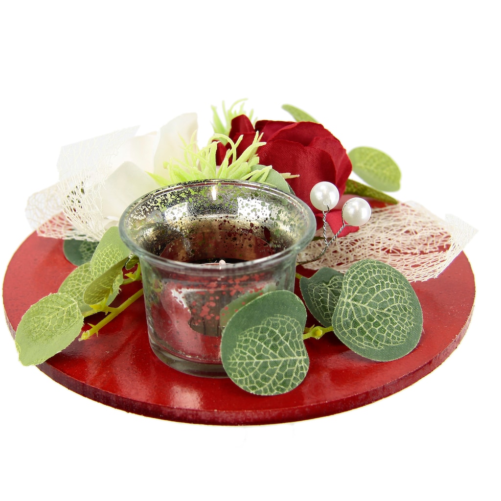 I.GE.A. Teelichthalter »Mit Glaseinsatz und Teelichtkerze, künstlichen Rosen Eukalyptus«, (1 St.)