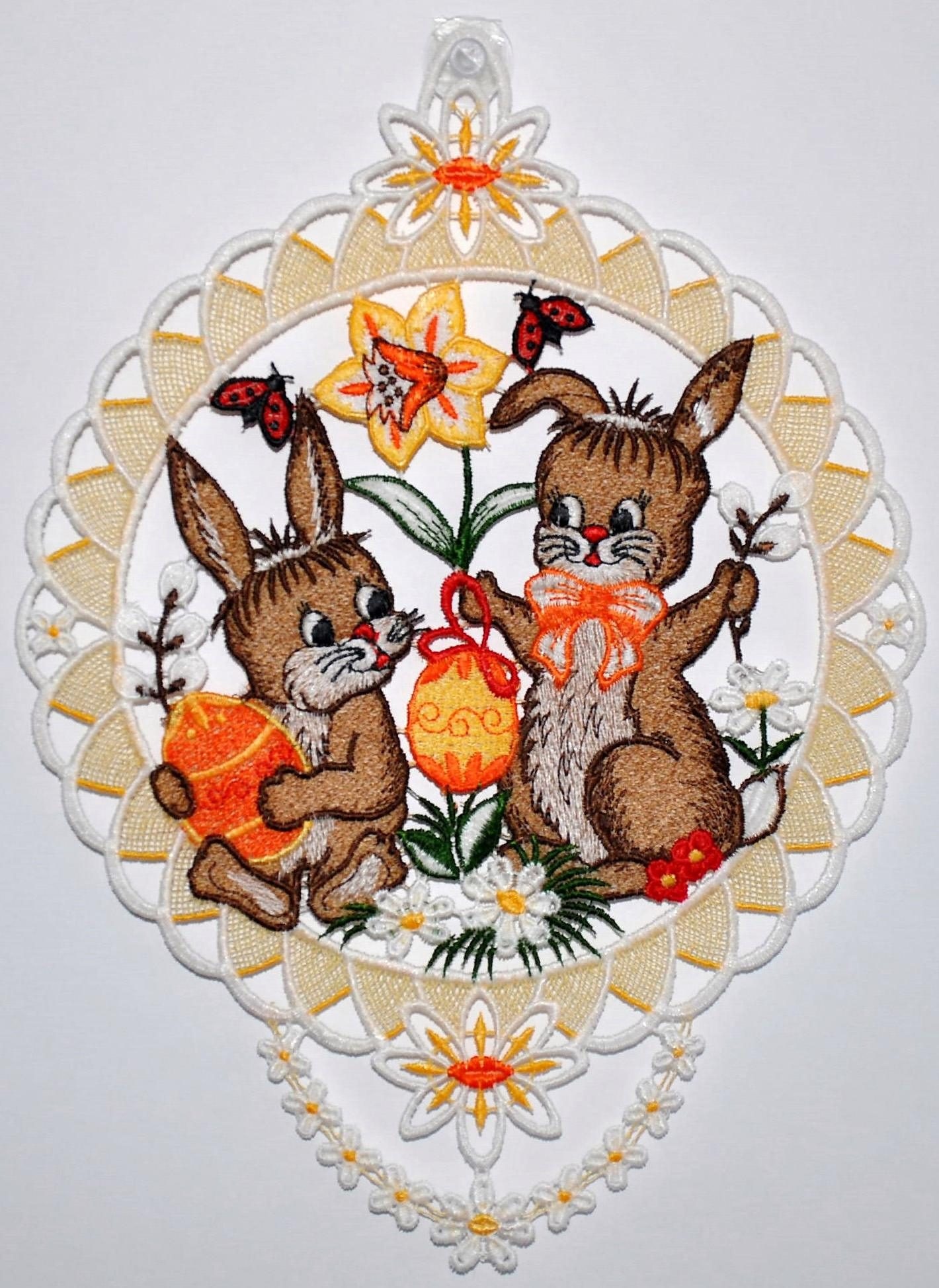 Image of Stickereien Plauen Fensterbild "Fensterbild Hasenpärchen" Echte Plauener Spitze