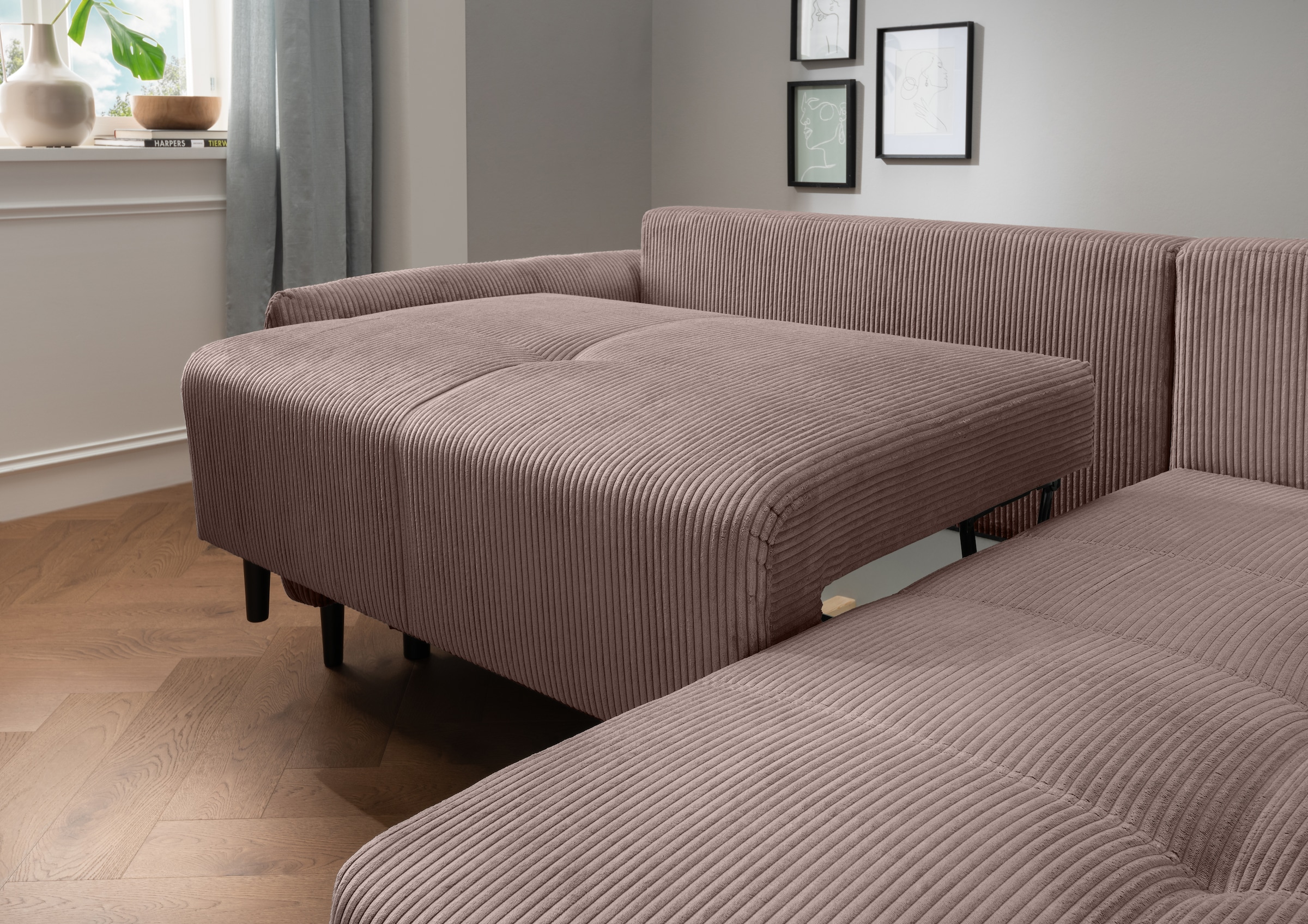 INOSIGN Ecksofa »Mara, L-Form, aktueller Cord Bezug und tolle Farben, schmale Armlehnen«, whlw. mit Bettfunktion,Recamiere links/rechts montierbar, Breite 238cm