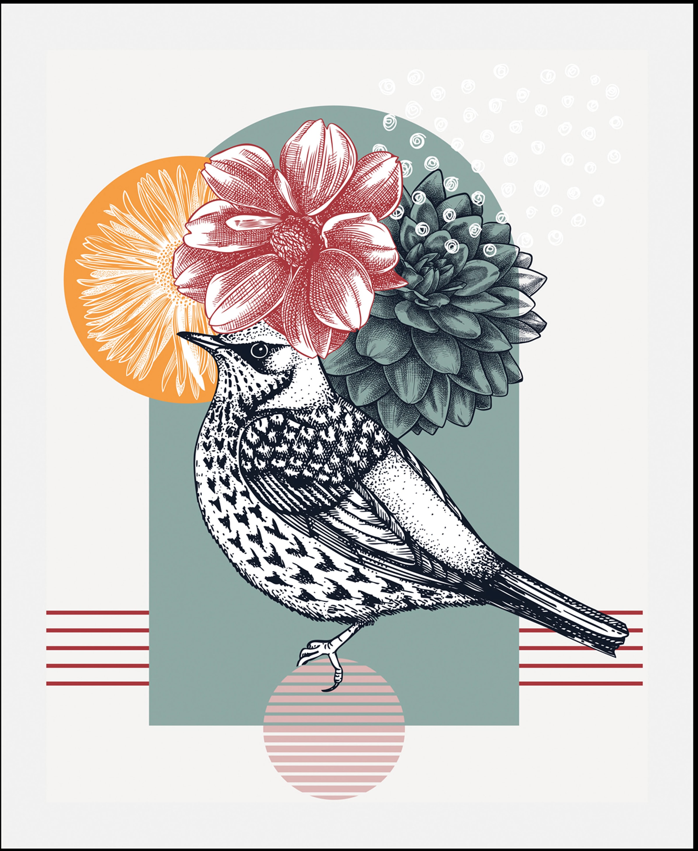 queence Bild »Bunter Vogel«, Vögel-Vogelbilder-Blumen-Blumenbilder-Abstrakt-Pflanzen-Pflanzenbilder, (1 St.), HD Premium Poster-Druck inkl. Holzrahmen