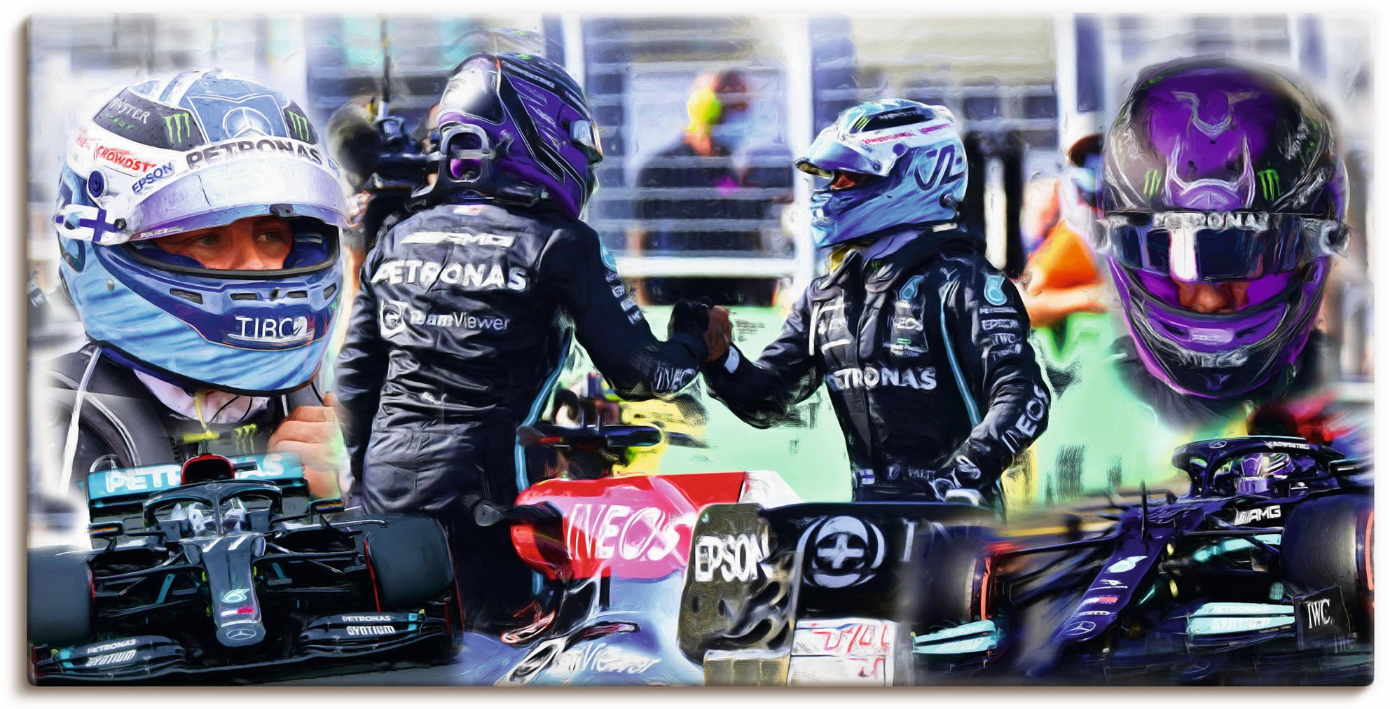 Image of Artland Wandbild »Teamgeist Valtteri Bottas Lewis Hamilton«, Auto, (1 St.), in vielen Grössen & Produktarten - Alubild / Outdoorbild für den Aussenbereich, Leinwandbild, Poster, Wandaufkleber / Wandtattoo auch für Badezimmer geeignet bei Ackermann Versand