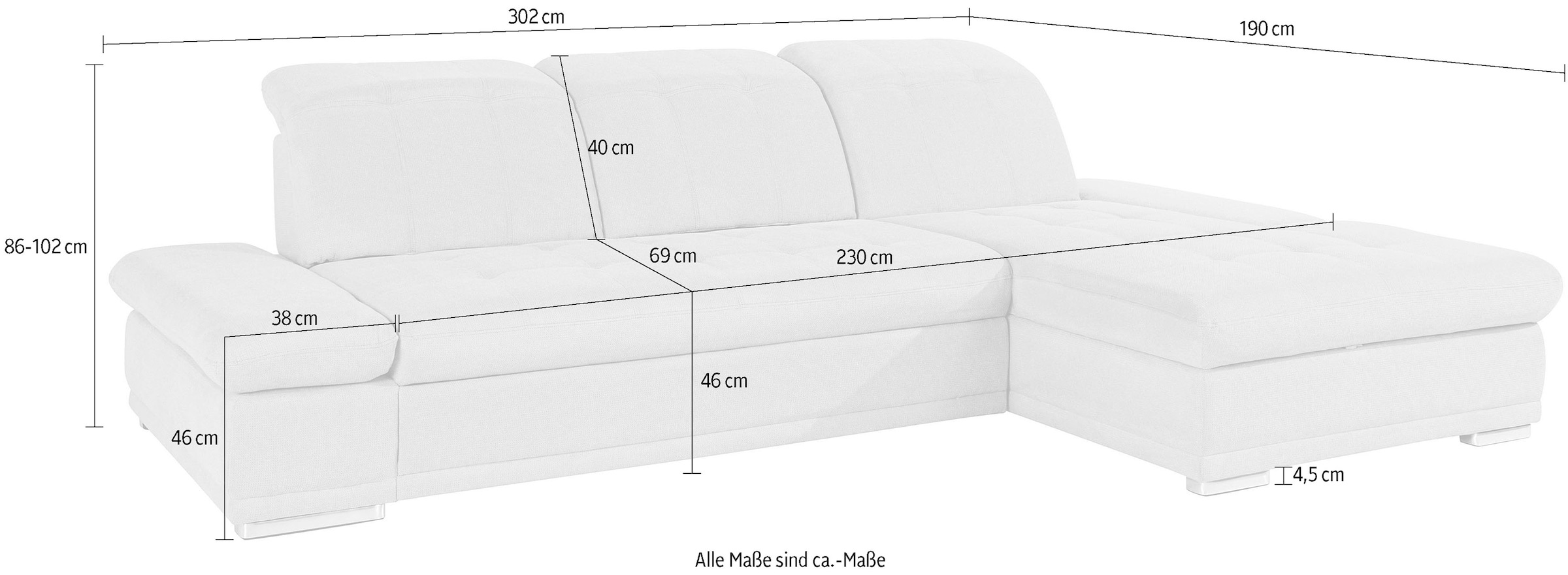 COTTA Ecksofa »Holiday L-Form«, Sitztiefenverstellung, wahlweise mit Bettfunktion inkl. Bettkasten