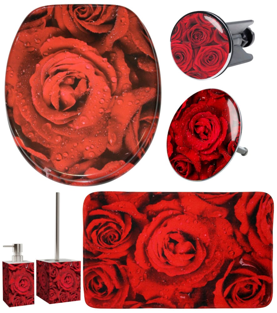 Image of Sanilo Badaccessoire-Set "Rosen" bestehend aus WC-Sitz, Badteppich, Stöpsel, Seifenspender, WC-Bürste