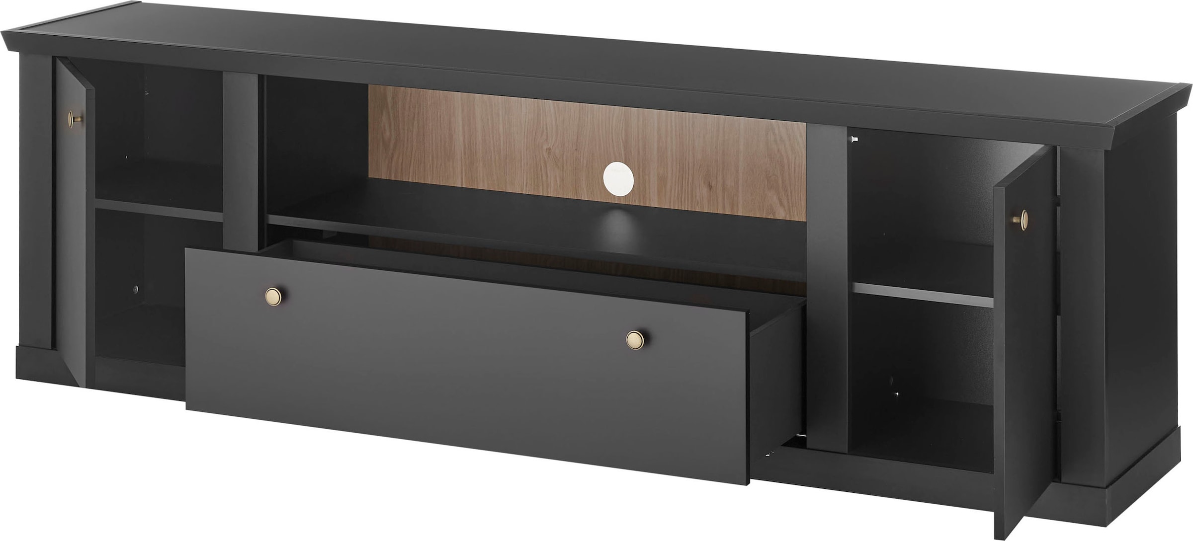 Home affaire Lowboard »Lincoln, moderner TV-Schrank, schwarze Kommode, TV-Unterschrank« edles Design, messingfarbene Knopfgriffe, in 2 Grössen verfügbar