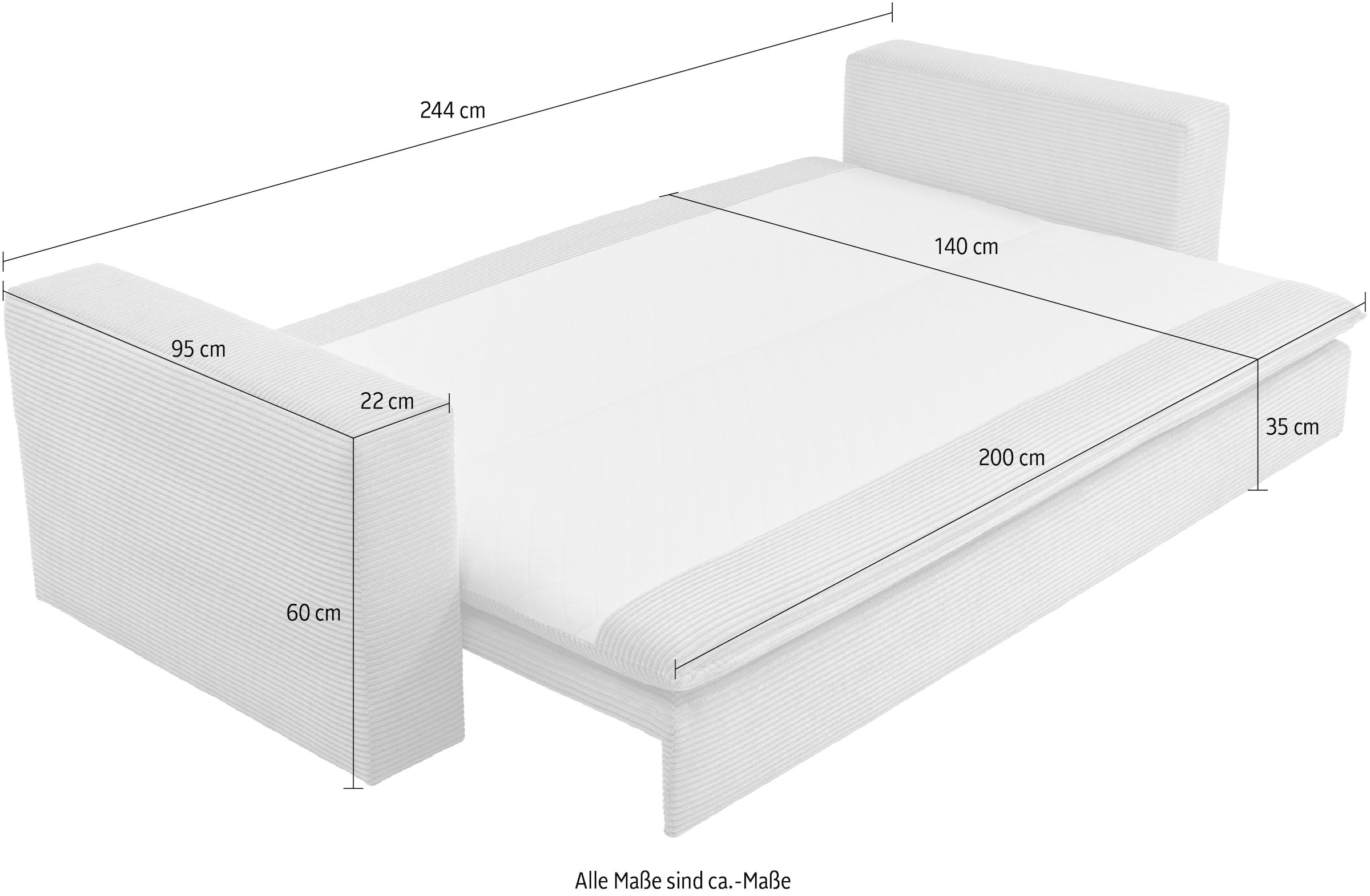Places of Style 3-Sitzer »PIAGGE«, Cord-Bezug - mit Bettfunktion und Bettkasten, mit praktischem Topper