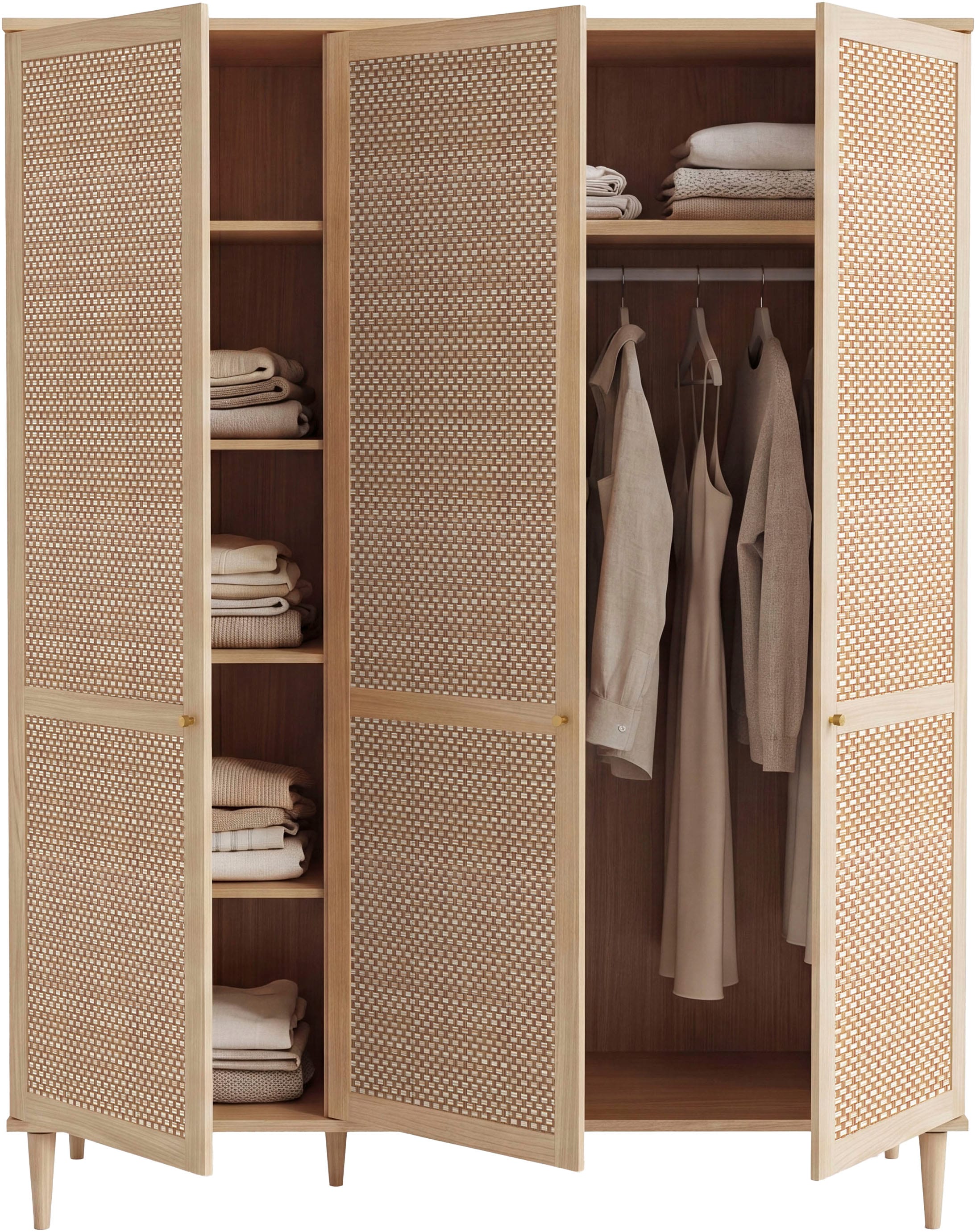 GOODproduct Kleiderschrank »ELLIAN mit Rattan, Wiener Geflechtoptik und warmem Holzdekor« Boho-Stil, Metallgriffe, Made in EU, viel Stauraum, FSC®, Vintage