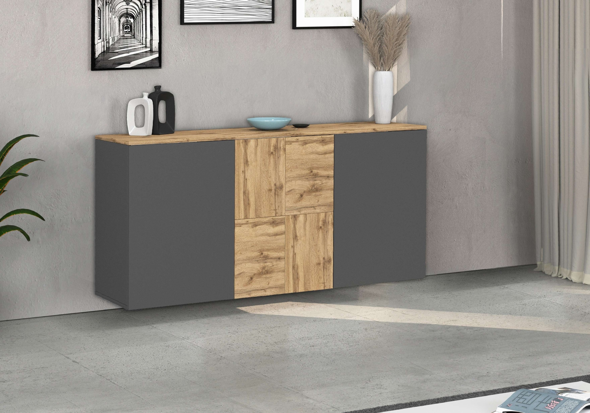 GOODproduct Sideboard »ISEO, Kommode, Schrank, Sideboard, Lowboard, 6 Fächer, Breite 150 cm« 1 Stk. tlg. stehend/hängend, 3 Türen, 6 Fächer, Breite 150 cm