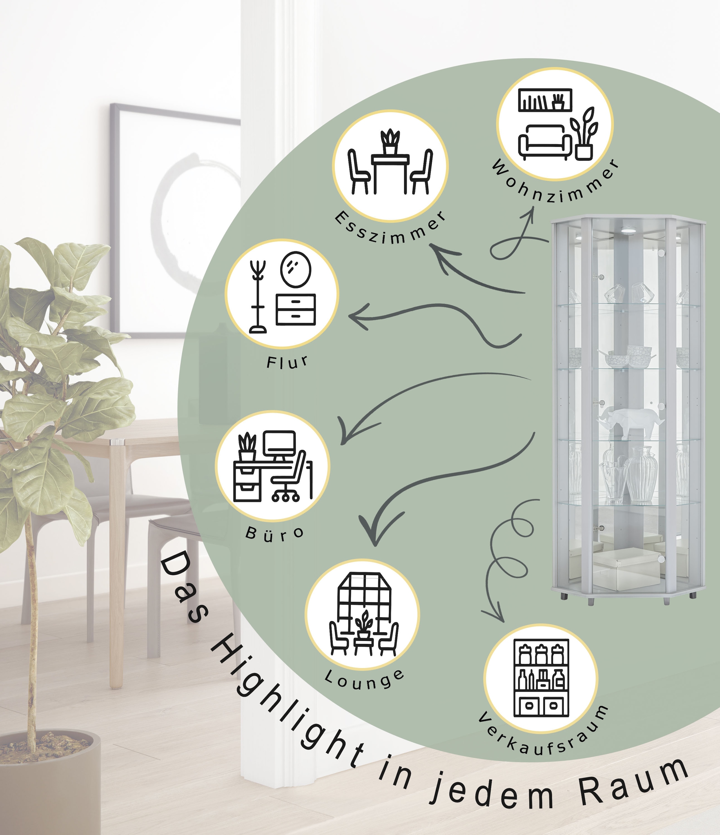 fif möbel Vitrine d'angle »TRIO Höhe ca. 172 cm, ink. Beleuchtung« Eckvitrine/Glasvitrine 1x Glastür, perfekt für Sammler, Sammlervitrine