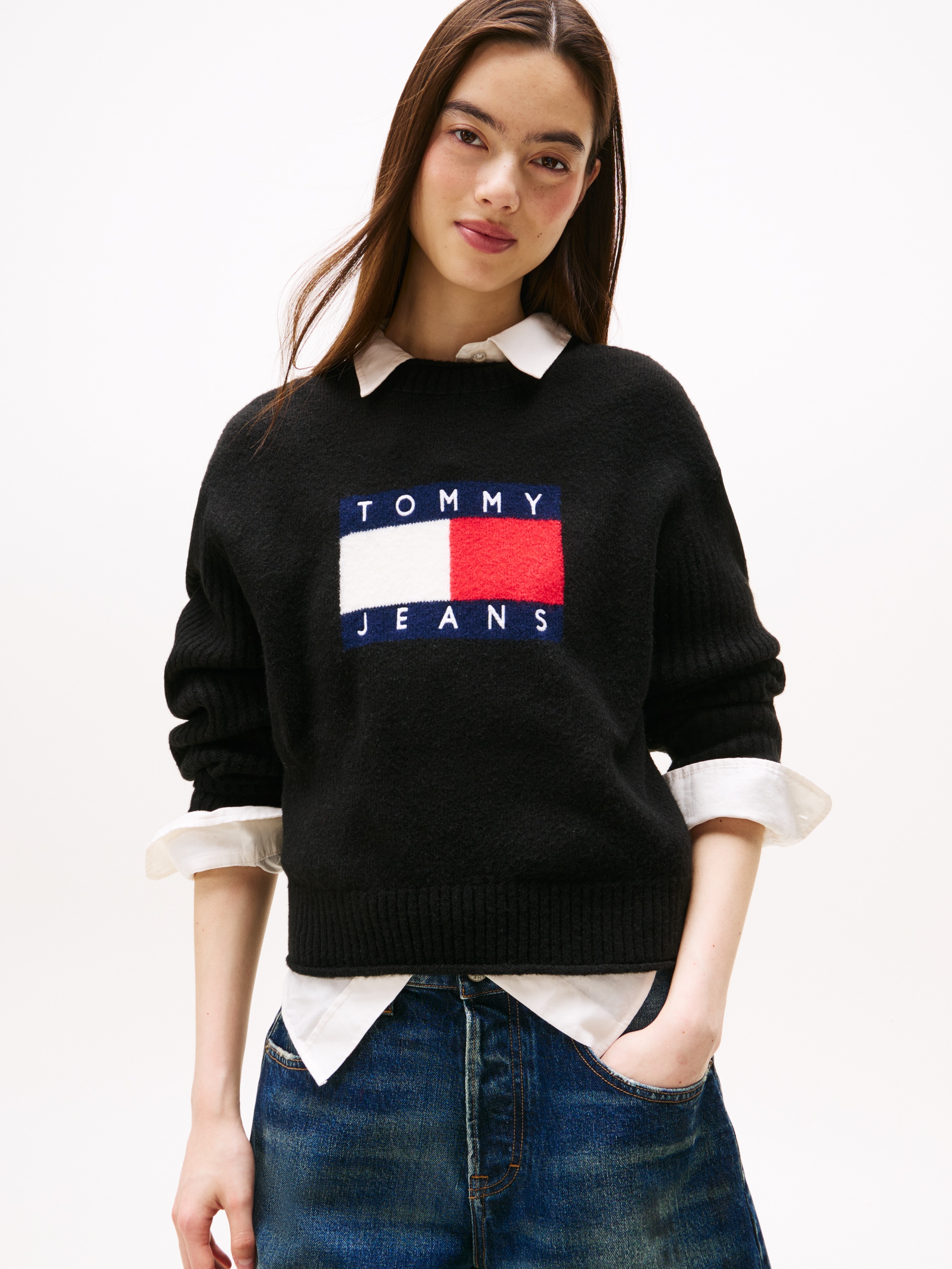 Image of Tommy Jeans Strickpullover "TJW MELANGE FLAG SWEATER RIB EXT" in gerippter Struktur