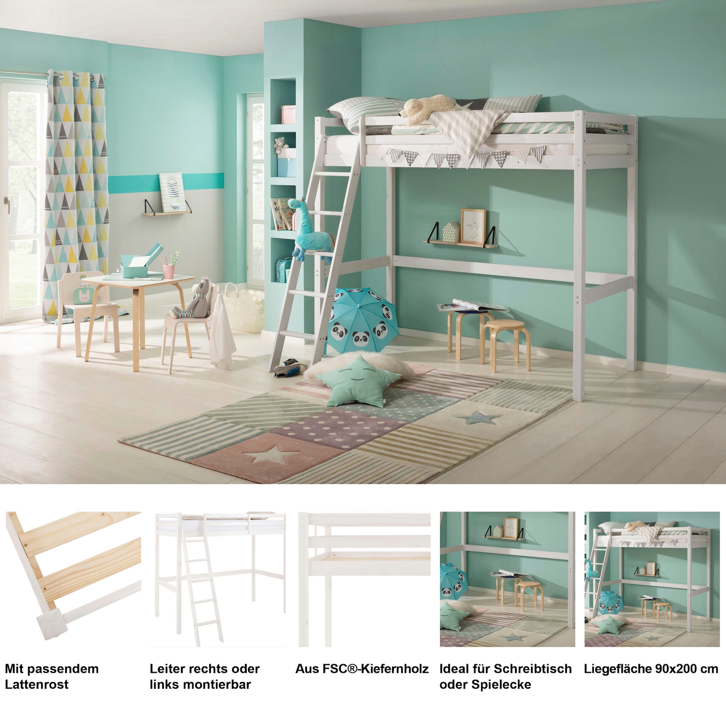 GOODproduct Kinderbett »Alpi, Leiter links oder rechts montierbar, Hochbett« Kiefernholz, Inklusive Leiter und Lattenrost, Liegefläche 90x200 cm